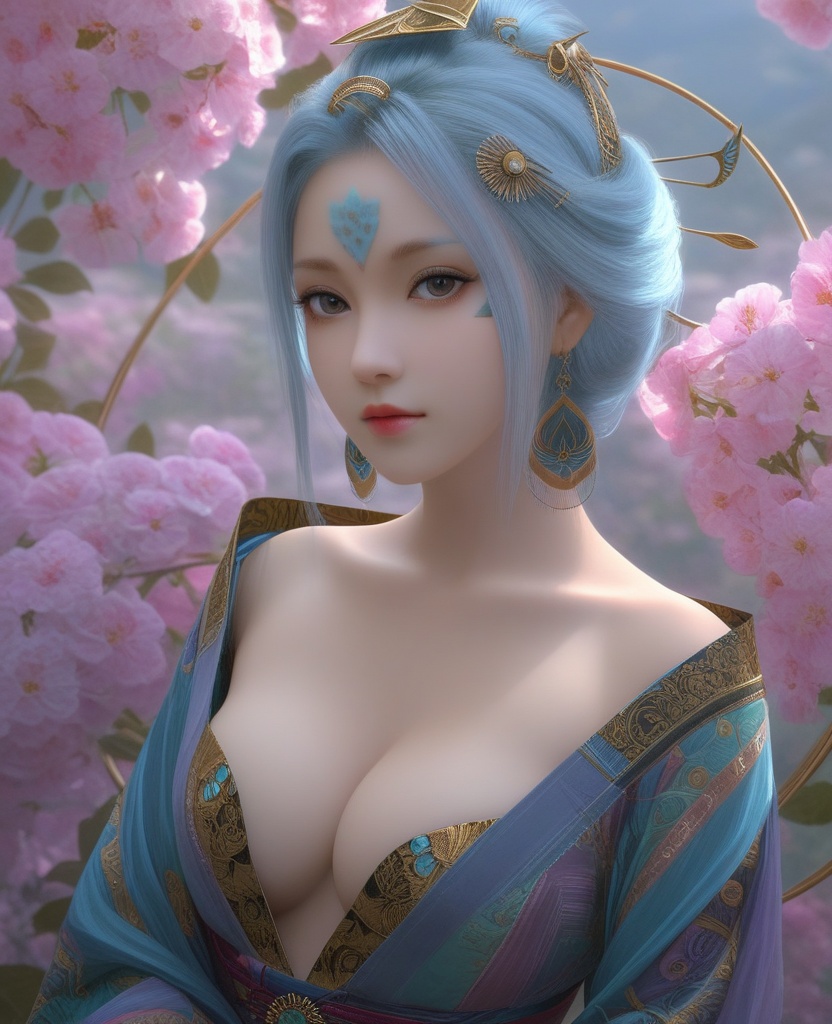 <lora:571-DA-XL-眷思量-奉眠:0.8>(,1girl, ,best quality, ),looking at viewer,,anime,(masterpiece, top quality, best quality, official art, beautiful and aesthetic:1.2), (1girl)	, , (cleavage),extreme detailed,(fractal art:1.3),colorful, flowers ,highest detailed,(by Jeremy Lipking)    (cleavage), (),