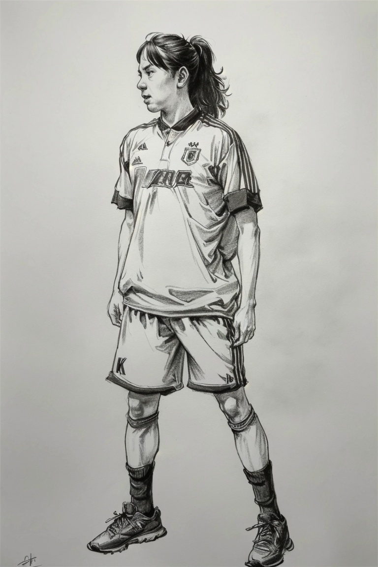 ((HRD, HUD, 8K)),((masterpiece, best quality)), highly detailed, soft light,Sketch, 1boy, male focus, solo, sportswear, monochrome, greyscale, shorts, full body, traditional media, shoes, socks,  <lora:20240413-1712999239990:0.8>