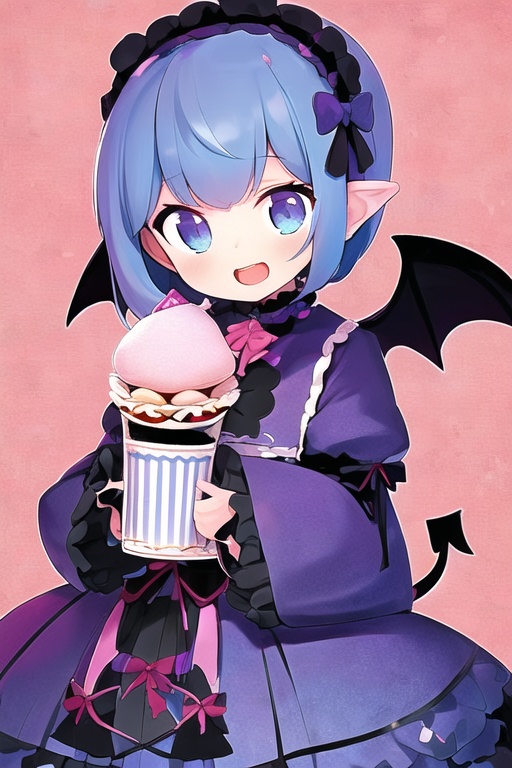 CH,high contrast,1Girl,solo,looking at the audience,blue blue smile,short hair,open mouth,bangs,black hair accessories,long sleeves,black and red Gothic Lolita,bow,holding,jewelry,headband,food,demon wings,demon tail,Lolita fashion,Gothic Lolita,Lolita headband,macaron,purple background,
