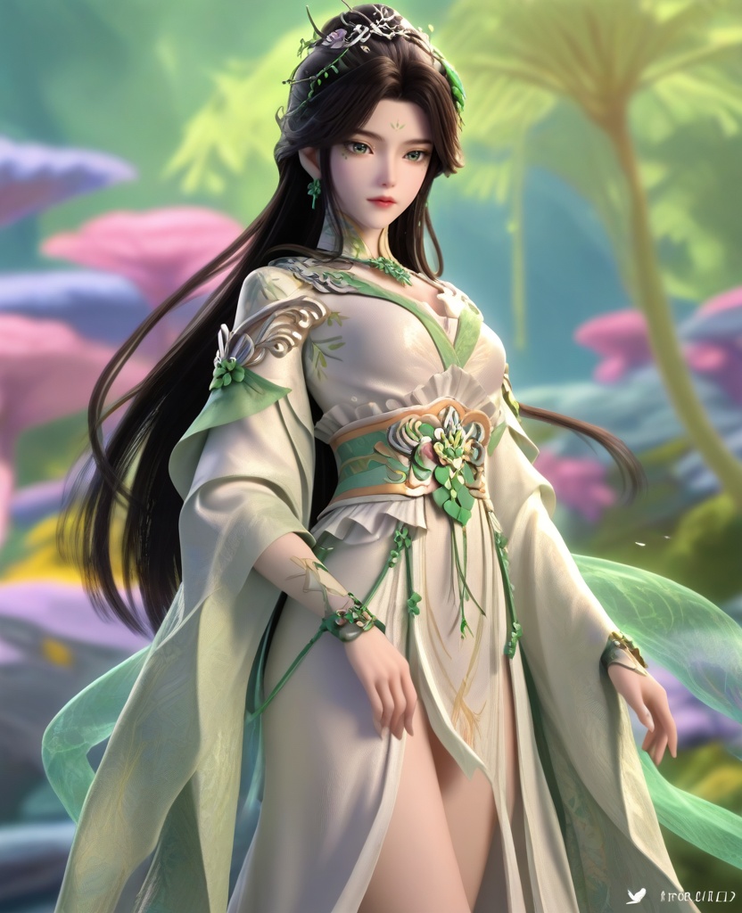 (oriental architecture, elegant decor, sophisticated style:1.1),(Arching her back, hands trailing up her thighs, she captures the essence of allure and tempting beauty:1.1),(breasts:1.2),<lora:XL16叶罗丽青梧仙子:0.95>,miss qingwu,white tiered gown,green eyes,facial mark,eye foils,black hair,half-up crown with long cascading hair,hair ornament,very long hair,jewelry,green shawl,sash,, score_9,score_8_up,score_7_up,score_6_up,score_5_up,score_4_up,3d rendering,tag1,tag2, Cinematic Lighting,backlighting,