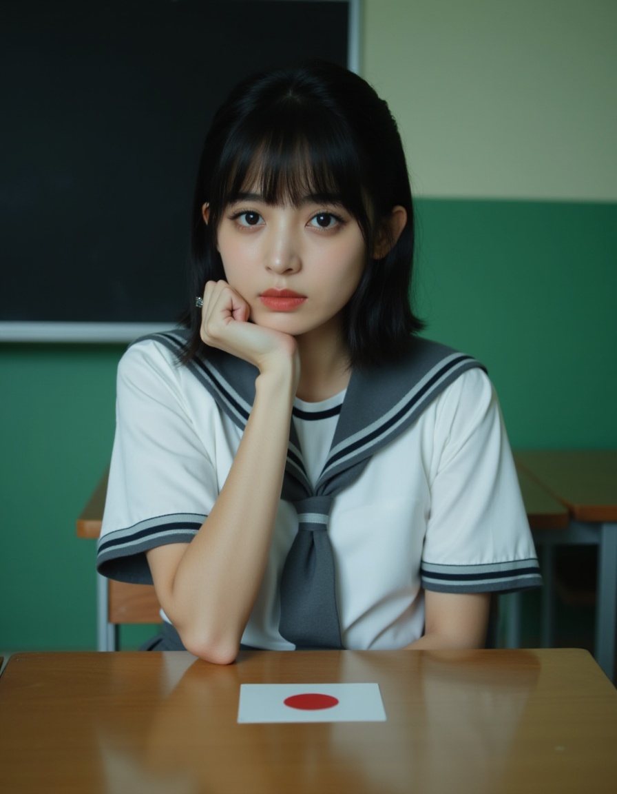 A photograph of a young Asian woman with straight black hair and bangs, sitting at a desk in a classroom. She wears a traditional Japanese schoolgirl uniform: a white blouse with black trim, a grey pleated skirt, and a grey necktie. Her expression is neutral, and she rests her chin on her right hand, which is touching her cheek. The classroom background features green walls and a blackboard on the left. The desk has a Japanese flag sticker. The overall mood is contemplative and slightly melancholic.