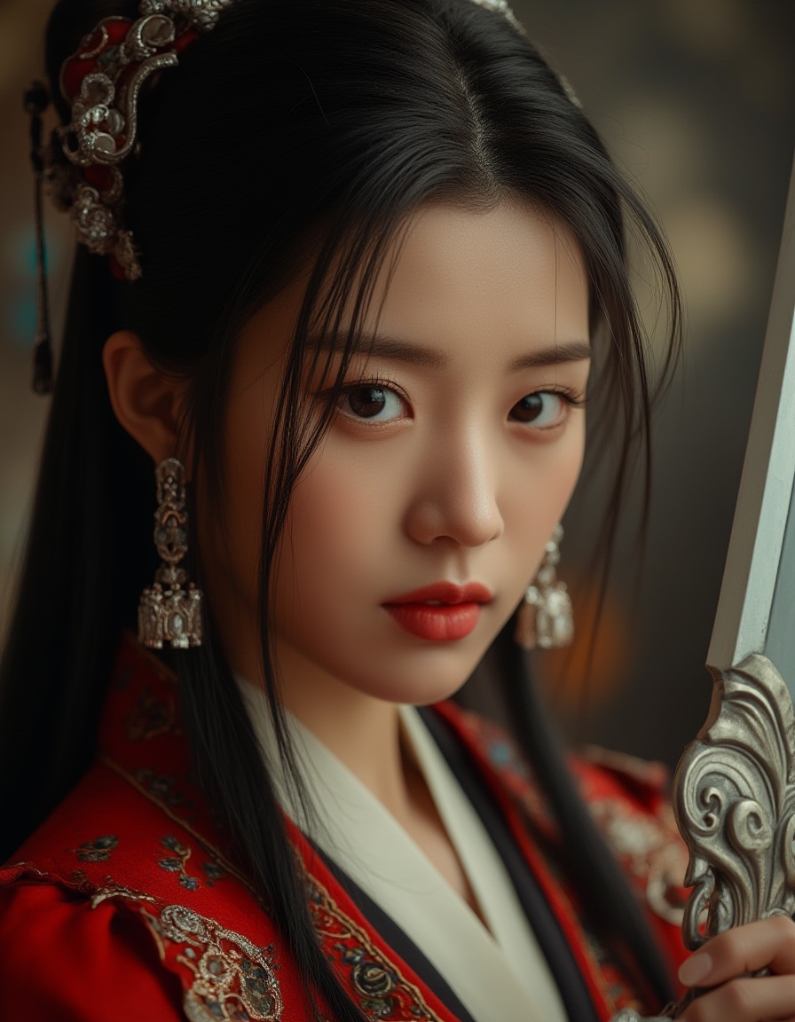 The image depicts a close-up of a woman holding a sword. She has long,dark hair adorned with intricate jewelry,including a headpiece and earrings. Her attire appears to be a red garment with floral patterns. The sword she holds is ornate,with a silver hilt and a blade that reflects light,giving it a shiny appearance. The background is blurred,focusing attention on the woman and her sword.,