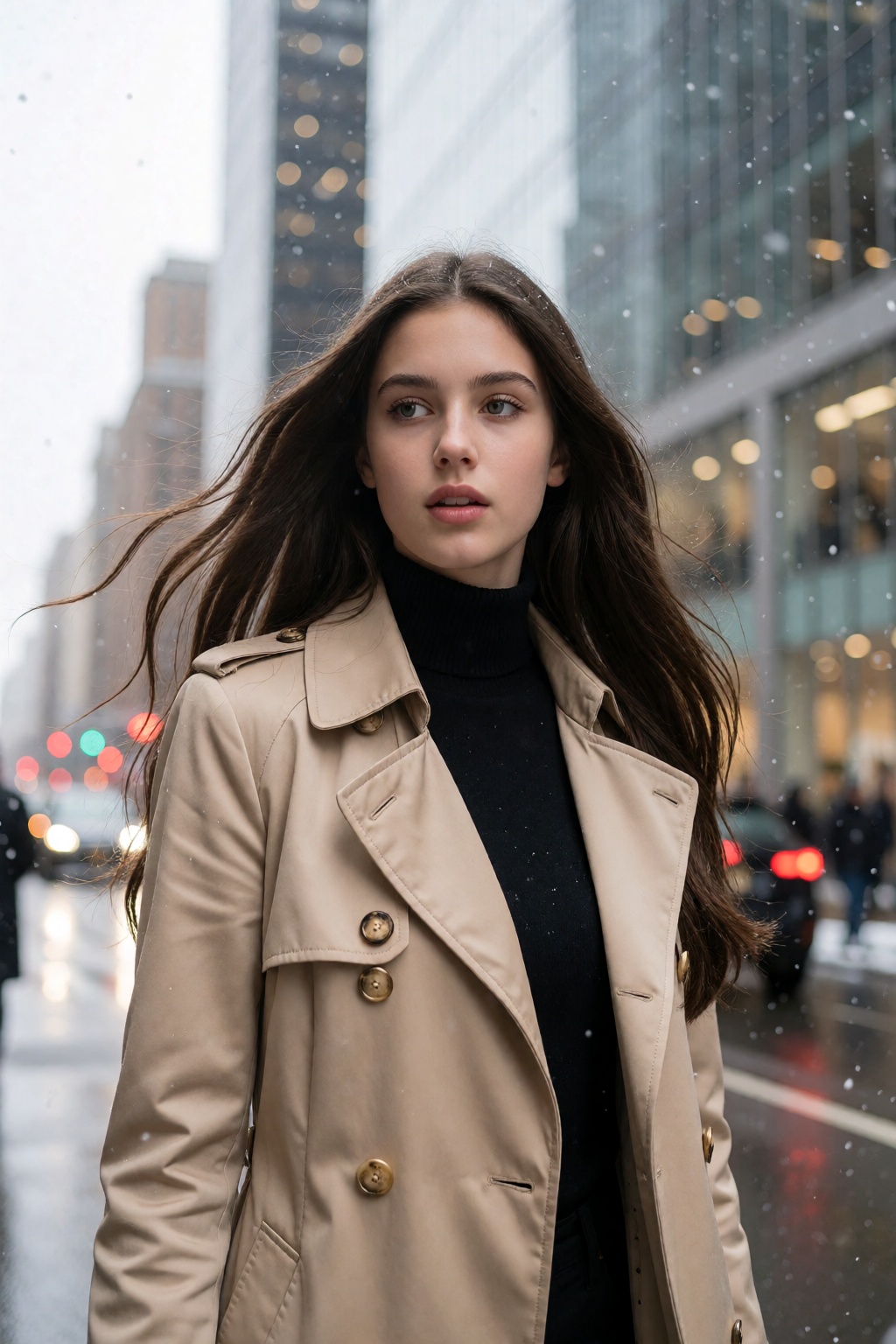 This is a high-resolution photograph of a young Caucasian woman standing in a busy city street during a light snowfall. Sh...