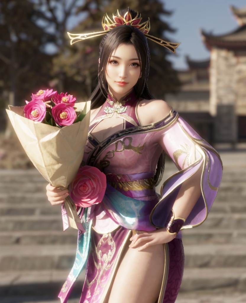 1girl, hair ornament, long hair, bouquet, dress, holding, black hair, chinese clothes, looking at viewer, solo, outdoors, bare shoulders, closed mouth, holding bouquet, jewelry, cowboy shot, lips, standing, purple dress, pink flower, solo focus, tree, clothing cutout, pink dress, hair stick, head tilt,<lora:diaochan_8:0.7>,