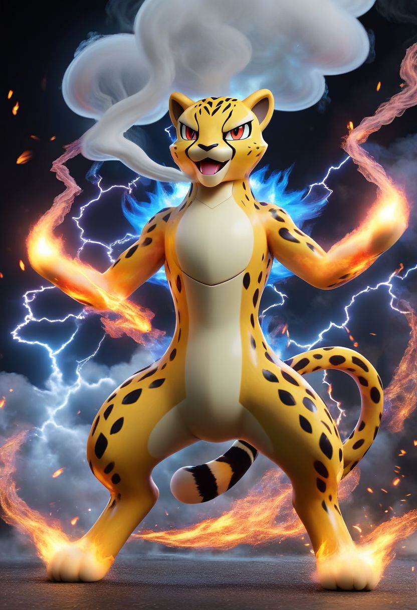Pokemon (Cheetah), Fire, Full Body, Smoke, Lightning, HD, Masterpiece, Best Quality, Solo,