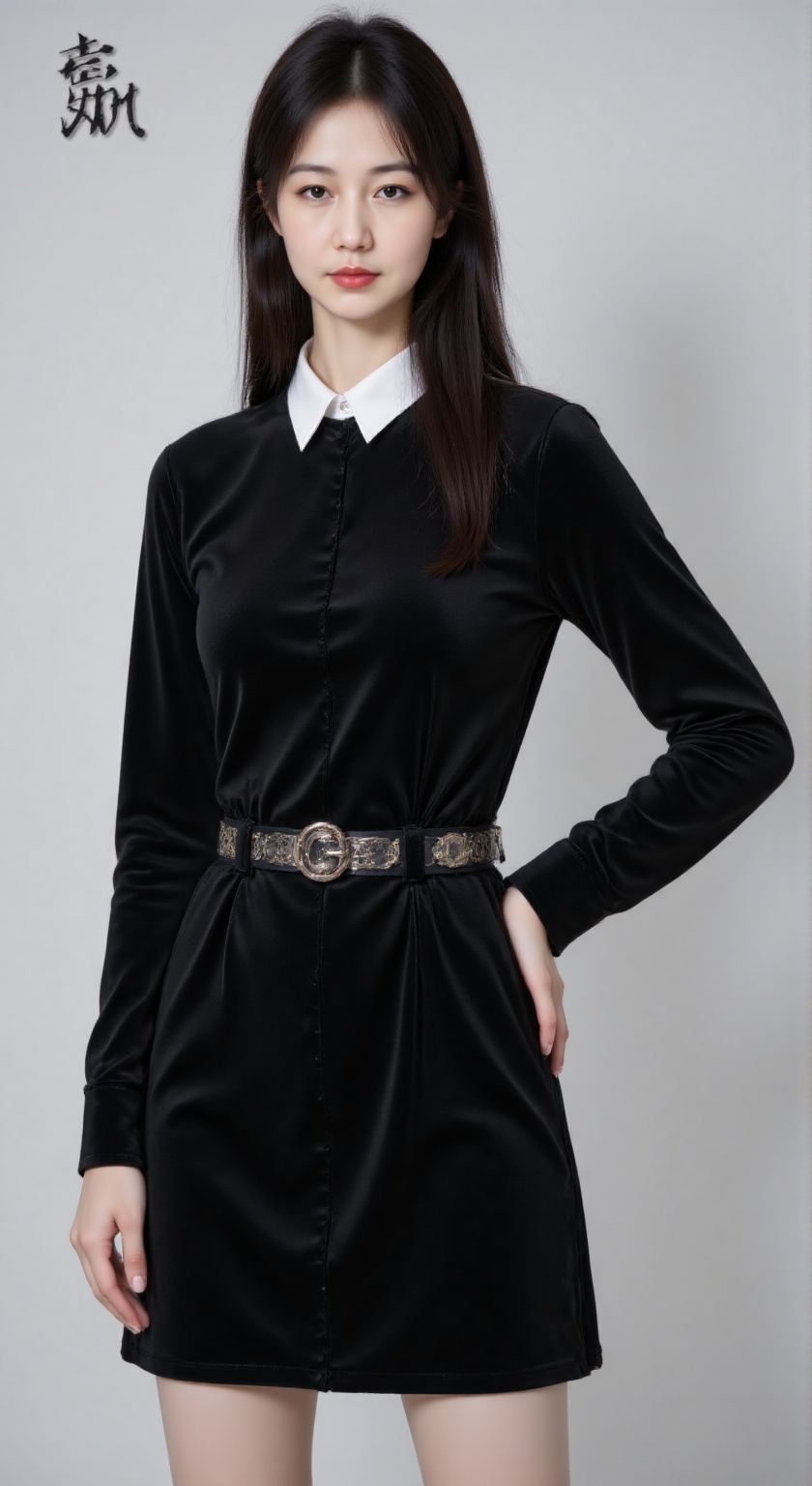 RUNYAN, RUNYAN Wearing a black velvet dress with a white neckline and a metal belt around her waist. She has fair skin red lipstick and a stony expression. 