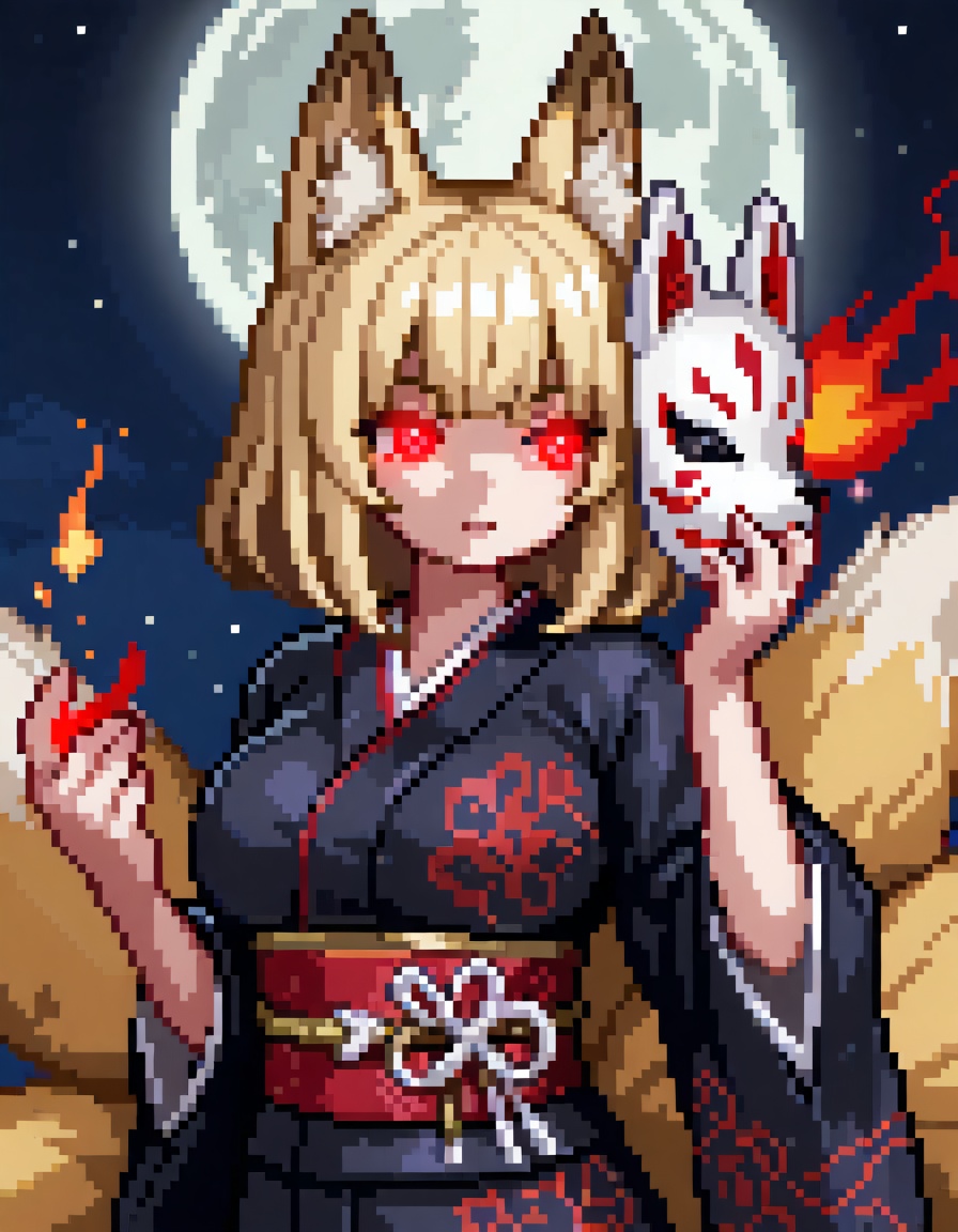 masterpiece,best quality,amazing quality,hyper-detailed,newest,very aesthetic,absurdres,highres,vibrant colors,Kitsune no yoneiri,1girl,solo,alone,fox woman,large breast,cute,sweet,(pure wihte kimono:1.3),obi,geta,(fox tail:1.3, fox ears:1.3),(red glowing eyes:1.4),(holding fox mask in hand:1.3),fox fire,fire elements,fire particles,flowers and fires,full moon,upper body,(masterpiece:1.2),pixiv,best quality,ultra detailed,complex detailed,kyuubi no kitsune,multiple tails,fox tail,ghost nocturnal,shiromuku,intense motion blur,anime style,ultra sharp,centered composition,smooth shading,soft glow,ambient soft lighting,glossy.,