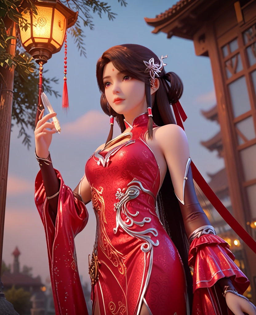 (oriental architecture, elegant decor, sophisticated style:1.1),Leaping into the air with legs extended,,(breasts:1.2),<lora:XL完美世界火灵儿旗袍v:0.9>,miss huolinger,solo,china dress,brown hair,hair ornament,long hair,forehead mark,double hair rings,hair tubes,double red cuffs,purple eyes,red hair ribbon,clothing cutout,, zPDXL2, score_9, score_8_up, score_7_up BREAK realistic, masterpiece,best quality, highly detailed,, zPDXL3, zPDXL2,zPDXL, zPDXLxxx, zPDXLrl,