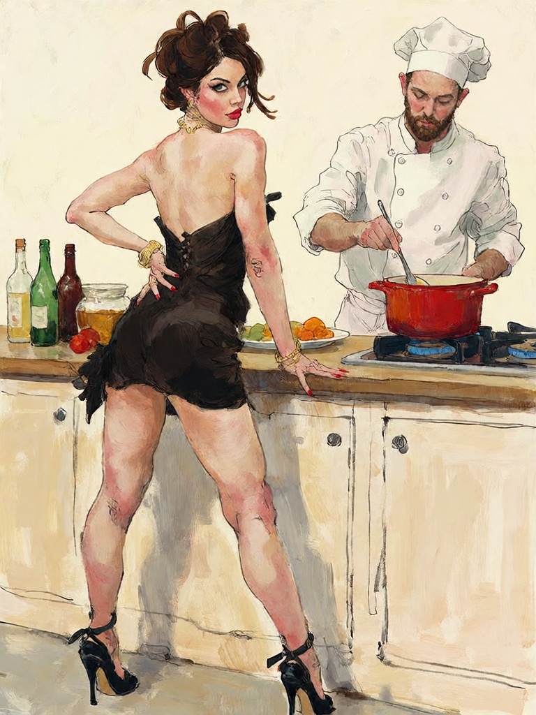 Bradhamel art style.A glamorous woman in a black strapless mini dress and high-heeled shoes stands confidently with her ba...