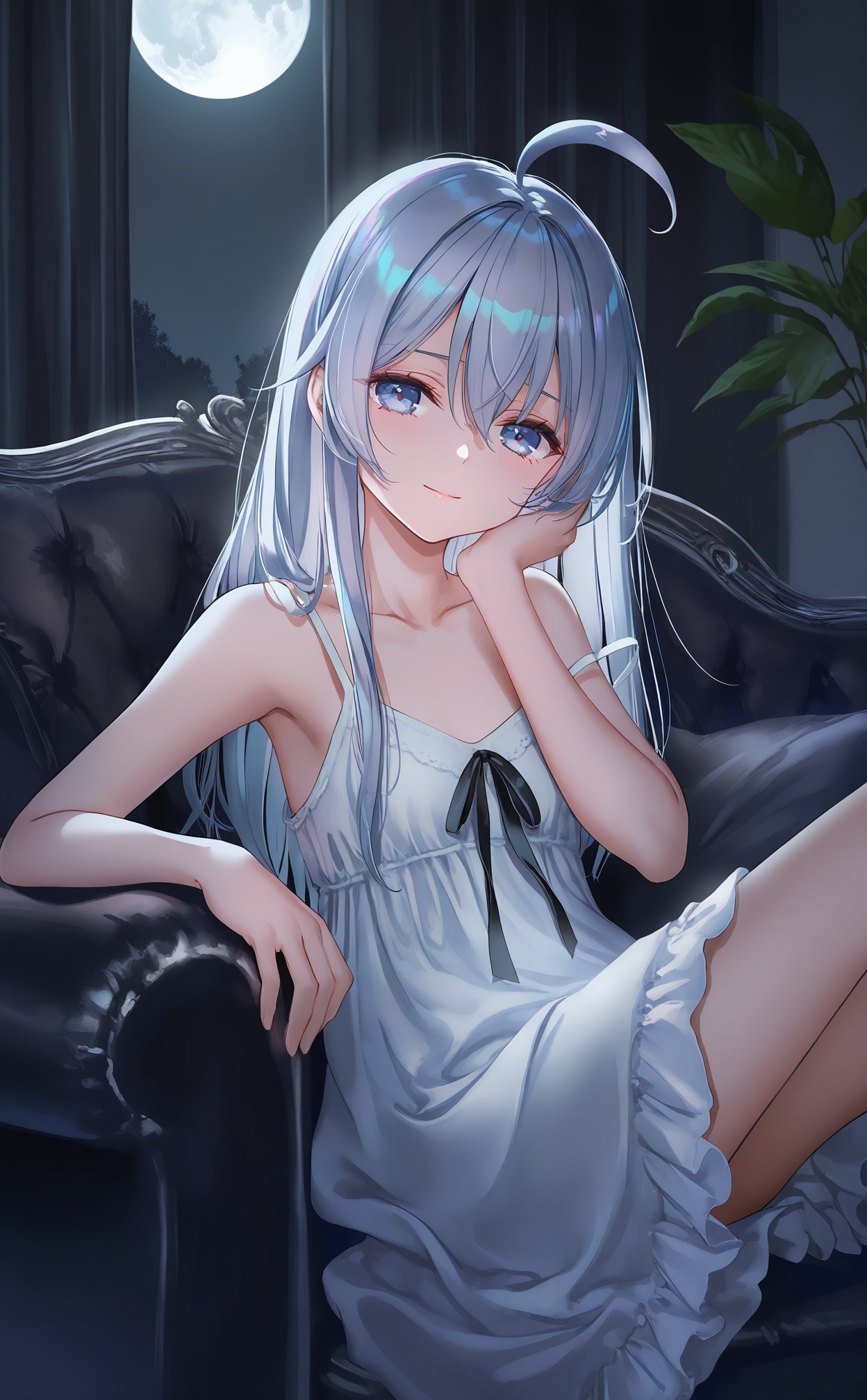 masterpiece,absurdres,best quality,high quality,chromatic_aberration,Night,darkness,black theme,shy,embarrass,endured_face,nsfw,//,1girl, solo, ahoge, elaina (majo no tabitabi), long hair, looking at viewer, sitting, smile, grey hair, indoors, grey eyes, couch, white dress, dress, window, blush, moon, collarbone, black ribbon, closed mouth, strap slip, curtains, nightgown, blue eyes, night, head rest, full moon, half-closed eyes, hair between eyes, arm rest, bare shoulders, moonlight, blurry, on couch, spaghetti strap, white camisole, camisole, ribbon, blue hair, off shoulder, sleepwear, sleeveless, white hair, straight hair, plant, sundress, bare arms, light smile, head tilt, blurry foreground//,gawako,atdan,machi_(machi0910),torino_aqua,izumi_tsubasu,[as109],ke-ta,sho_(sho_lwlw),rhasta,tidsean,chiaroscuro,wlop,toosaka_asagi,nixeu,[chen_bin],jima,//,highres,HDR,8K,high contrast,illustration,depth of field,(colorful),Tyndall effect,contrast,lens flare,