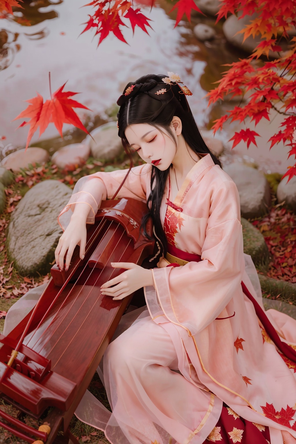 hanfu, maple leaf, guzheng, 1girl, solo, long hair, black hair, long sleeves, closed mouth, closed eyes, flower, outdoors, leaf, sleeping, red lips, playing instrument, lying, makeup, realistic, updo,  <lora:guzhuangfengye:0.8>