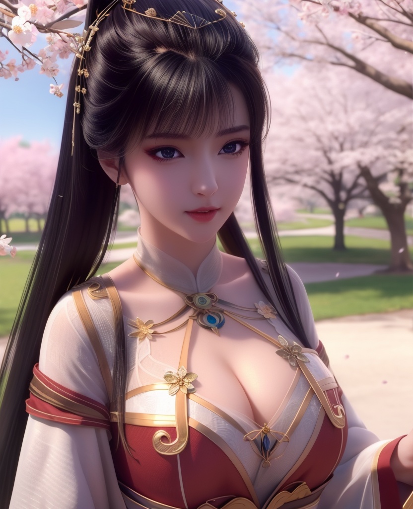 <lora:638-DA-暗河传-白鹤淮-妇人:0.8>(,1girl, ,best quality, ),looking at viewer,  ultra detailed background,ultra realistic 8k cg,ultra detailed 8k cg,masterpiece,upper body,  (( , )),, ,science fiction,mole, ultra realistic 8k cg, ,    ,outdoors, sun,sunlight, cherry blossoms,      (cleavage), (),