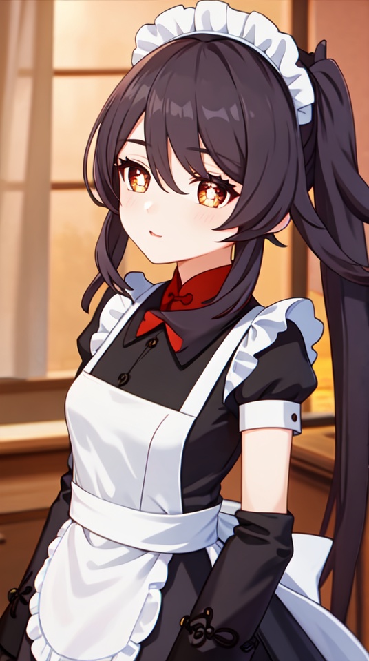 masterpiece,best quality,<lora:hutao-000010:0.5>,1girl,solo,hu tao (genshin impact),(maid:1.5),symbol-shaped pupils,twintails,