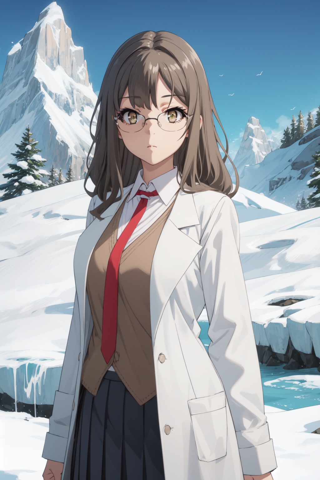 <lora:Rio-000014:0.8>,Rio CYQL,1girl,looking at viewer,solo,brown_hair,long_hair,bangs,brown_eyes,glasses,rimless_eyewear,labcoat,school_uniform,shirt,necktie,skirt,vest,laughing,bust,Glacier, Peaks, Mountains, Ice, Blue, Crevasse, Serenity, Wilderness,(Alpine flowers, Alpine peaks, Mountain meadows, Summer blooms, Alpine landscape, Mountain breeze:0.5),beautiful detailed sky,beautiful detailed glow,posing in front of a colorful and dynamic background,masterpiece,best quality,beautiful and aesthetic,contrapposto,female focus,wallpaper,