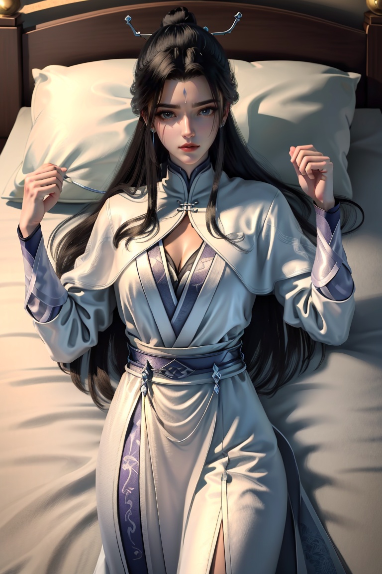 (8k, RAW photo, best quality, masterpiece:1.2),(realistic, photo-realistic:1.3), ultra-detailed, extremely detailed cg 8k wallpaper,(crystalstexture  skin:1.2), (extremely delicate and beautiful), (perfect hands, perfect anatomy:1.2),1girl, solo, jewelry, forehead mark, facial mark, earrings,chinese clothes, dress, long sleeves, white dress,looking at viewer, (cowboy shot:1.3), lying on back, bed shee, <lora:LuXueQi_v1.1:0.85>