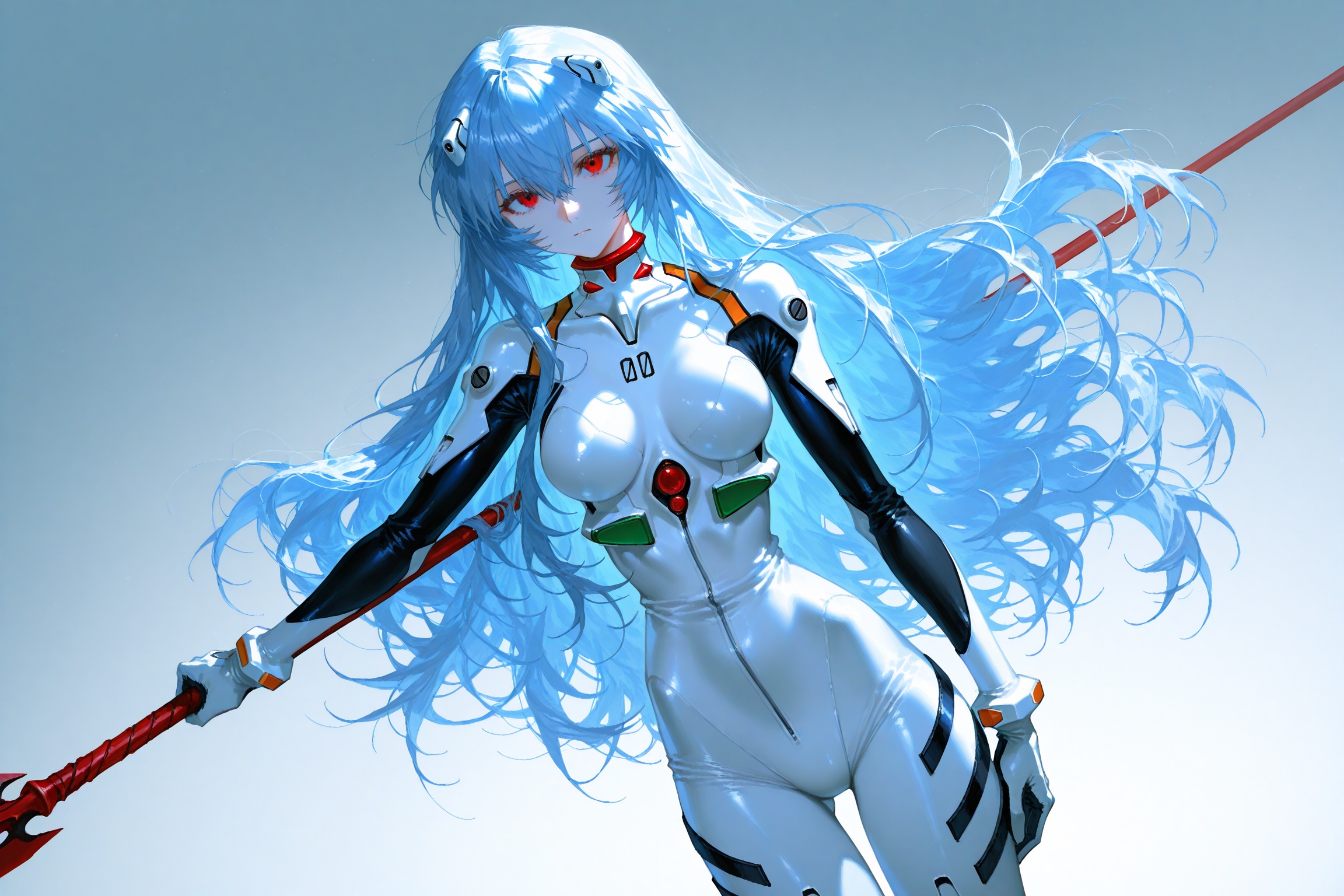 (artist:quasarcake:0.3),1girl,plugsuit,solo,long hair,ayanami rei,white bodysuit,red eyes,breasts,blue hair,bodysuit,holding,looking at viewer,weapon,interface headset,medium breasts,hair between eyes,polearm,alternate hair length,cowboy shot,skin tight,floating hair,gradient,holding weapon,gradient background,alternate hairstyle,bangs,holding polearm,standing,very long hair,breasts apart,extreme aesthetic,(quasarcake:0.7),masterpiece,best quality,good quality,newest,year 2024,year 2023,very aesthetic,absurdres,Visual impact,A shot with tension,(Visual impact:1.2),dutch angle,