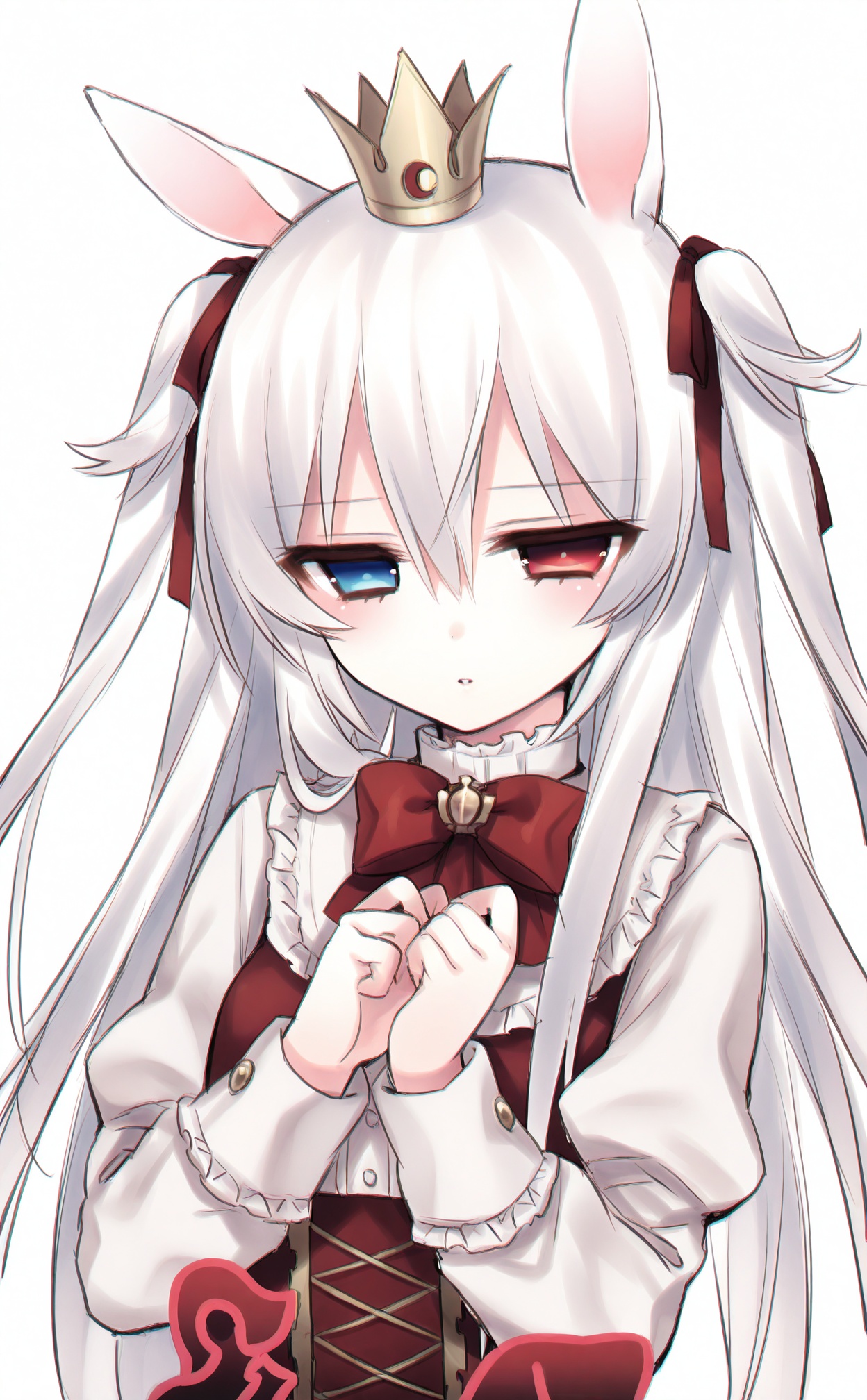 masterpiece,absurdres,best quality,((petite)),loli,high quality,chromatic_aberration,shiny_skin,//,1girl, heterochromia, solo, animal_ears, long_hair, crown, white_hair, blue_eyes, red_eyes, rabbit_ears, two_side_up, ribbon, own_hands_together, hair_ribbon, white_background, upper_body//,<lora:月影ネム——【CKXL】hans:1>,