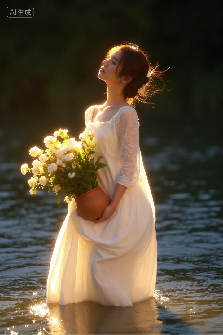 A woman wearing a flowing white dress stands in water,holding a clay pot blooming with white flowers. The white dress allows the graceful figure to be seen through the light. Golden evening sunlight creates a glowing halo around her,rippling water reflections,an ethereal and poetic atmosphere,dark twilight background,soft and dreamy lighting.,, Negative prompt: ng_deepnegative_v1_75t,(badhandv4:1.2),EasyNegative,(worst quality:2),,nsfw, Steps: 30, Sampler: Euler, CFG scale: 3.5, Seed: 4284147347, Size: 720x1080, Model hash: 8cba4f1ef4, Model: F.1基础算法模型-哩布在线可运行_F.1-dev-fp8.safetensors, Denoising strength: 0, RNG: CPU, Lora 1: 20250913-1757780180322-0001, Lora Hash 1: 2c61ab8cf8, Lora Weight 1: 0.8, vae_name: automatic