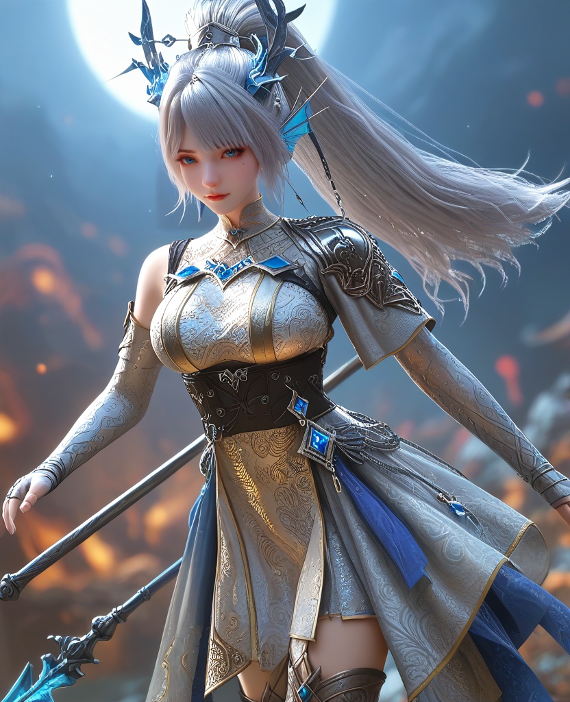 (Standing with one hand on the chest, looking proud:1.1),looking at viewer,(large breasts:1.2),<lora:XL16云深不知梦白龙漱玉:0.95>,miss shuyu,silver dress,blue eyes,mole under left eye,white hair,ponytail,very long hair,hair ornament,elbow gloves,cape,sash,thigh boots,shoulder armor,head fins ornament,holding polearm,, score_9,score_8_up,score_7_up,score_6_up,score_5_up,score_4_up,3d rendering,tag1,tag2, Cinematic Lighting,backlighting,