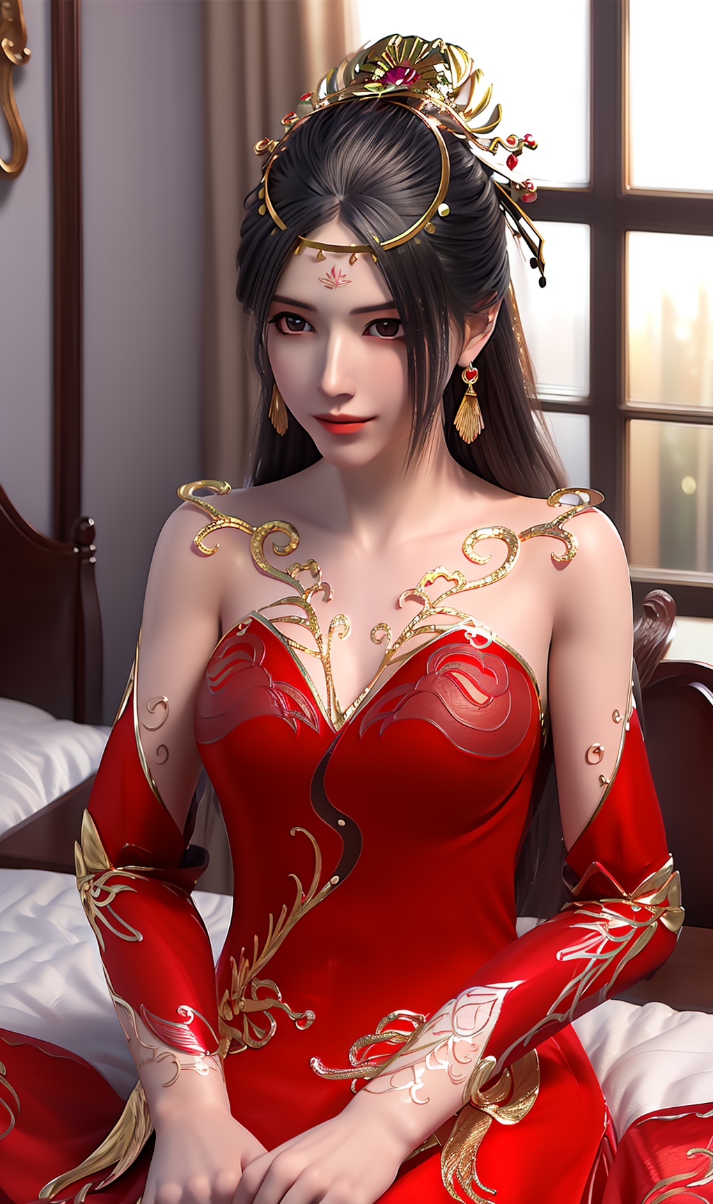 masterpiece,(best quality),official art, extremely detailed cg 8k wallpaper,((crystalstexture skin)), (extremely delicate and beautiful),highly detailed,1girl,solo,long hair,headwear,(sitting,sit down)),( hair),((red dress)),((upper body)),sweet smile, (medium breasts),((hair_ornament)),(sunshine, indoor,(bed)),, <lora:hipoly3DModelLora_v10:0.3>