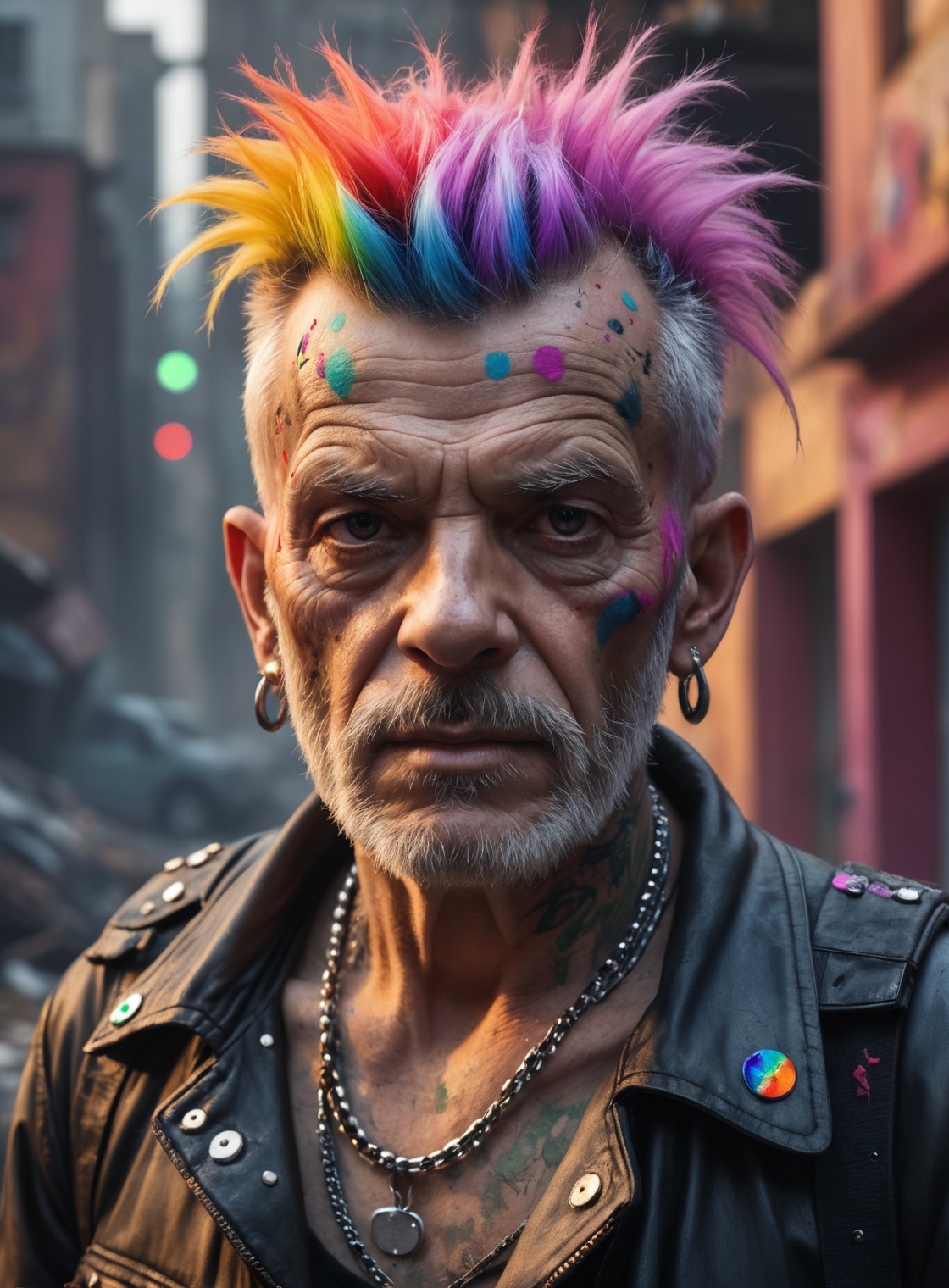 (closeup old man in a destroyed city atomic blast in the background),  in a punk style,  piercings on Tensor.Art