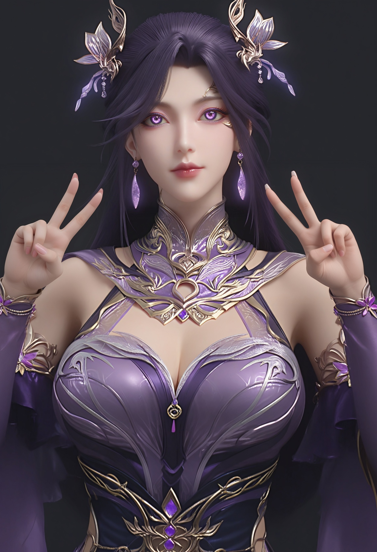 (score_9),<lora:燕倾城-Apony:0.8>,yanqinchen,(mature_female),solo,long hair,hair ornament,purple hair,high collar,jewelry,detached collar,earrings,purple dress,detached sleeves,belt,<lora:perfect eyes_v1:0.8>,purple eyes,front view,bright pupils,<lora:Expressive_H-000001:0.8>,upper body,double v,glamor,collarbone,pointy breasts,puffy breasts,large breasts,simple background,black background,