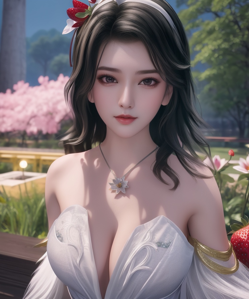 <lora:542-DA-万界至尊-青雉:0.8>(,1girl, ,best quality, ),looking at viewer,  ,ultra detailed background,ultra detailed background,ultra realistic 8k cg, , ,masterpiece, (( , )),, ultra realistic 8k cg, ,      ,lily \(flower\) ,full moon ,strawberry blossoms      (cleavage), (),