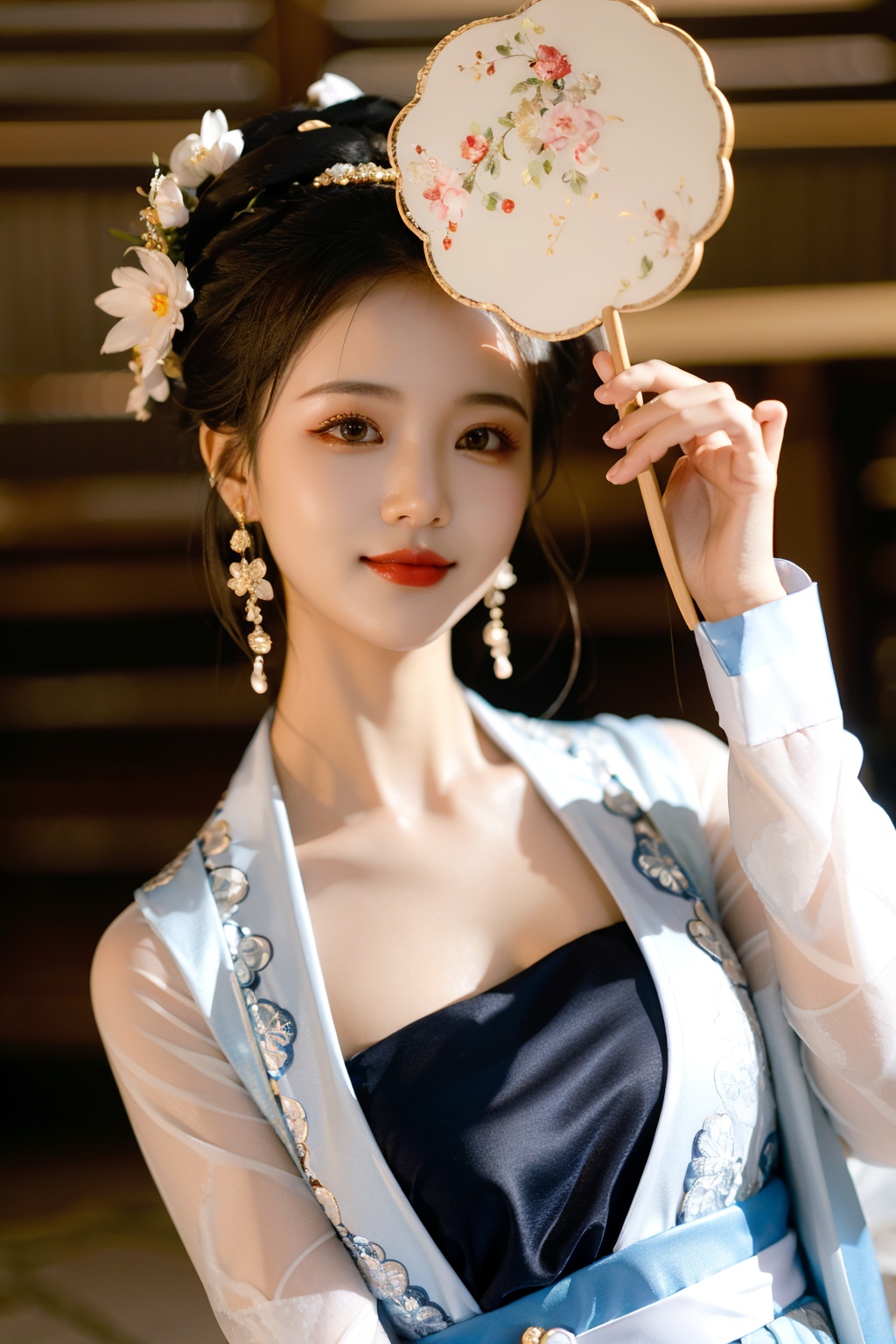 1girl,tuanshan,traditional attire,holds a fan,upper body,, masterpiece,best quality,very aesthetic,absurdres,