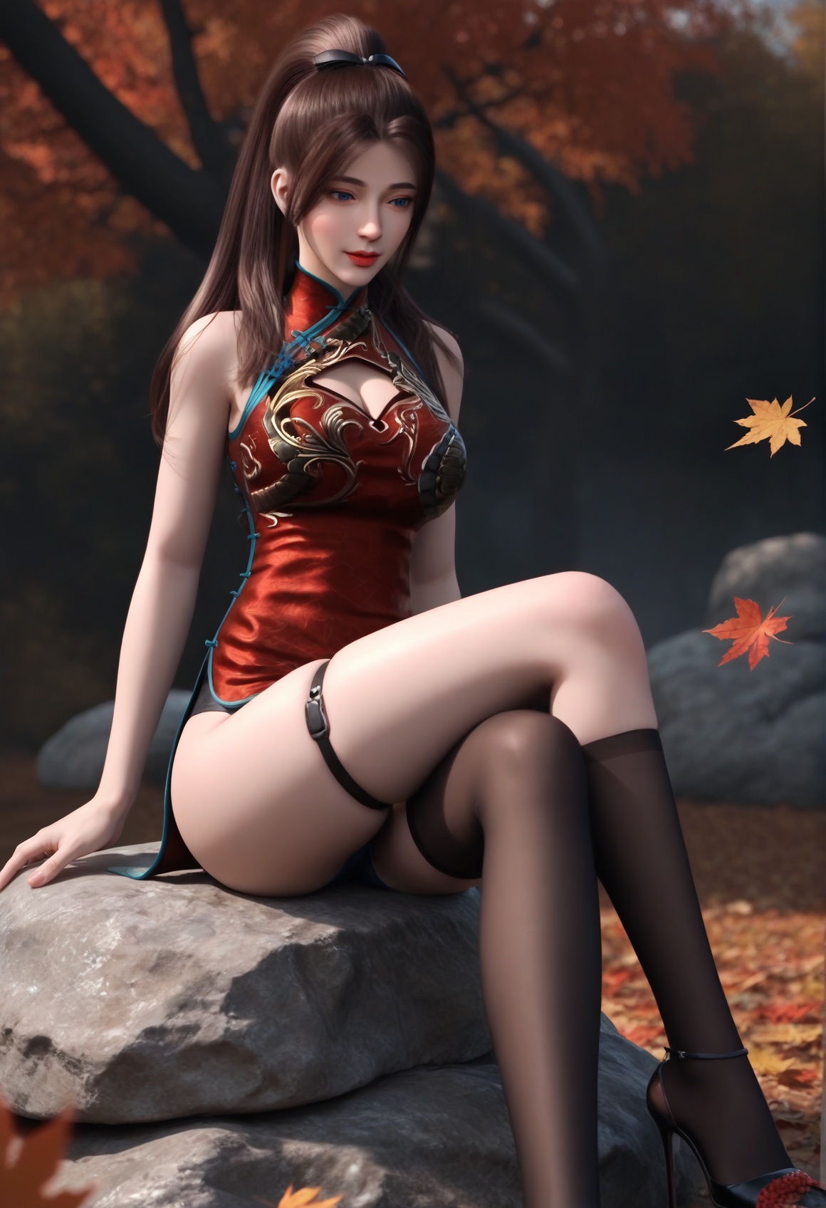 (score_9),<lora:唐紫尘-apony-000009:0.83>,tangzichen,(mature_female:1.1),solo,blue eyes,long hair,brown hair,ponytail,hair tie,china dress,cleavage cutout,thigh strap,(red_china_dress),short_shorts,bare legs,high heels,(black thighhighs),<lora:Expressive_H-000001:0.8>,light blush,sitting,crossed legs,collarbone,(glamor:1.2),pointy breasts,puffy breasts,<lora:e肤色滑块:0.5>,fair_skin,(pale_skin),<lora:e色温:-0.35>,light skin,ultra-detailed skin texture,detailed textures,<lora:皮肤凹痕:1.2>,BREAKin autumn,grove,(maple_tree),(maple_leaf),leaf,autumn leaves,falling leaves,branch,twig,Tyndall effect,available light,depth of field,rock,4K ultra HD,sharp focus,high detail,natural lighting,high contrast,