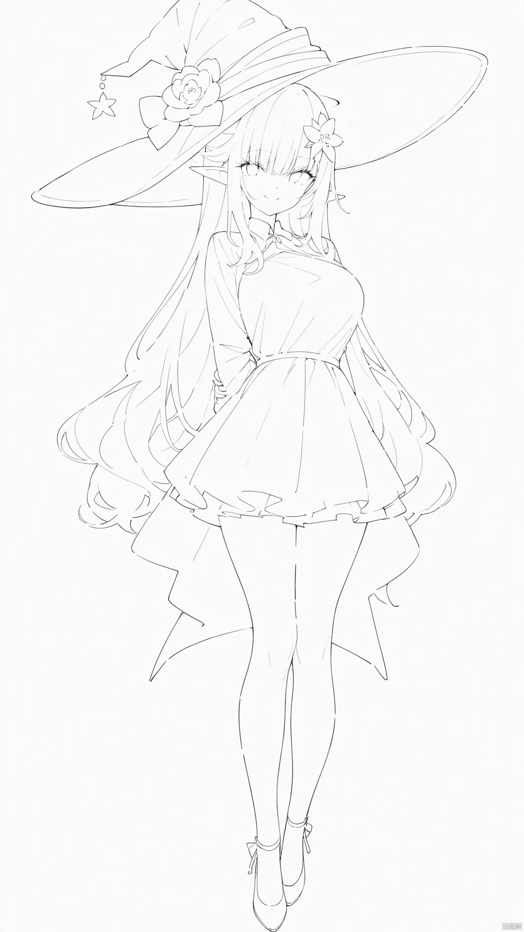 (greyscale, monochrome, sketch), (masterpiece:1.2), (arms behind back:1.2), best quality, game cg, 1girl, solo, long hair, white hair, hair ornament, dress, full body, looking at viewer, simple background, red eyes, standing, hair flower, white background, white dress, closed mouth, long sleeves, skirt, wavy hair, blush, large breasts, smile, very long hair, hand up, floral print, witch hat, elf,<lora:EMS-261615-EMS:1.000000>