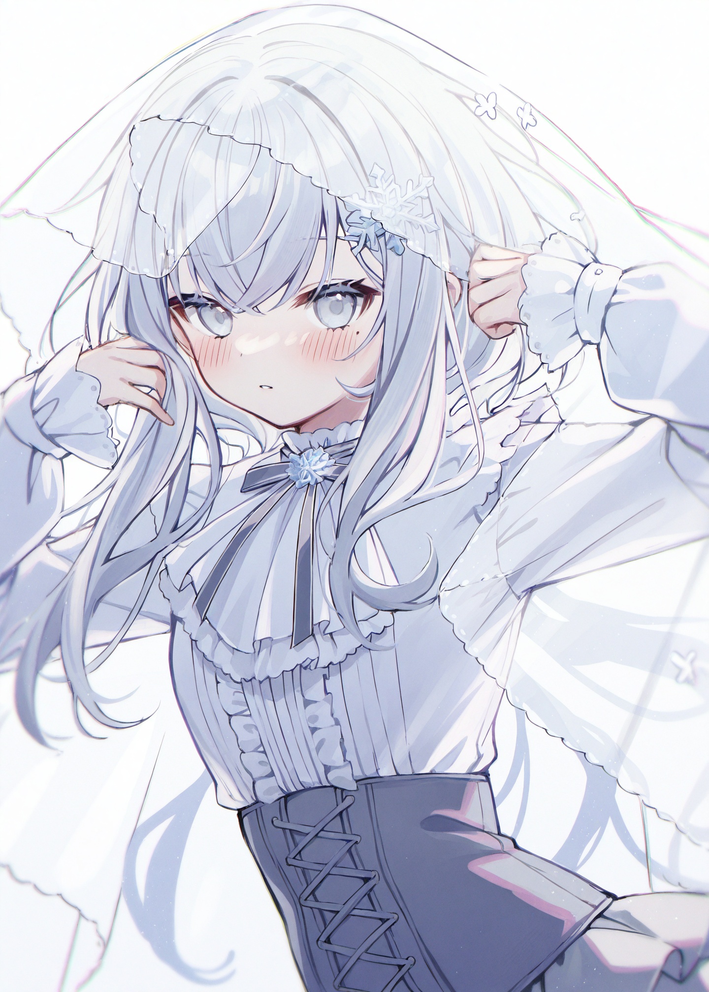 masterpiece,absurdres,best quality,petite,high quality,//,1girl, solo, long_hair, veil, looking_at_viewer, hair_ornament, blush, grey_eyes, long_sleeves, shirt, white_background, snowflake_hair_ornament, white_shirt, white_hair, corset, mole, skirt, mole_under_eye, grey_hair, frills, simple_background, chromatic_aberration, neck_ribbon//,<lora:梅原生umehara_sei ——【CKXL】hans:0.8>,
