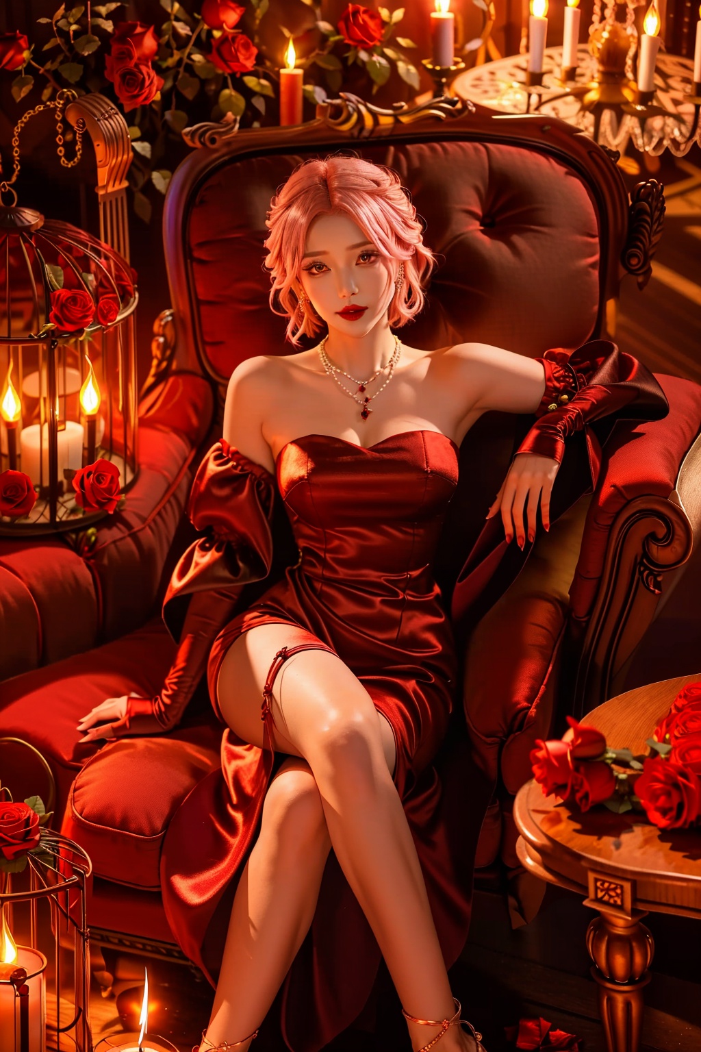 local blur, air expansion, air manipulation, fire-rose, rose petals, warm light, fire light, night, fireplace fire, fire, flame, candle in cage, flying sparks, spark, particle effects, flying rose petals, roses, detached sleeves, bridal gauntlets, backless outfit, bare shoulders, rdssd-red-detached-sleeves-sleeve-dress, 1girl, pink hair, solo, flower, short hair, jewelry, petals, rose, sitting, red flower, necklace, stairs, chandelier, gloves, holding, red lips, couch, candle, looking at viewer, red rose, wine glass, strapless, cup, strapless dress, alcohol, facial mark, candlestand, indoors, drinking glass, red eyes, makeup, anklet, chair, book, cage, wine, earrings, lipstick, breasts, birdcage, roses background<lora:fire-rose:0.6>,