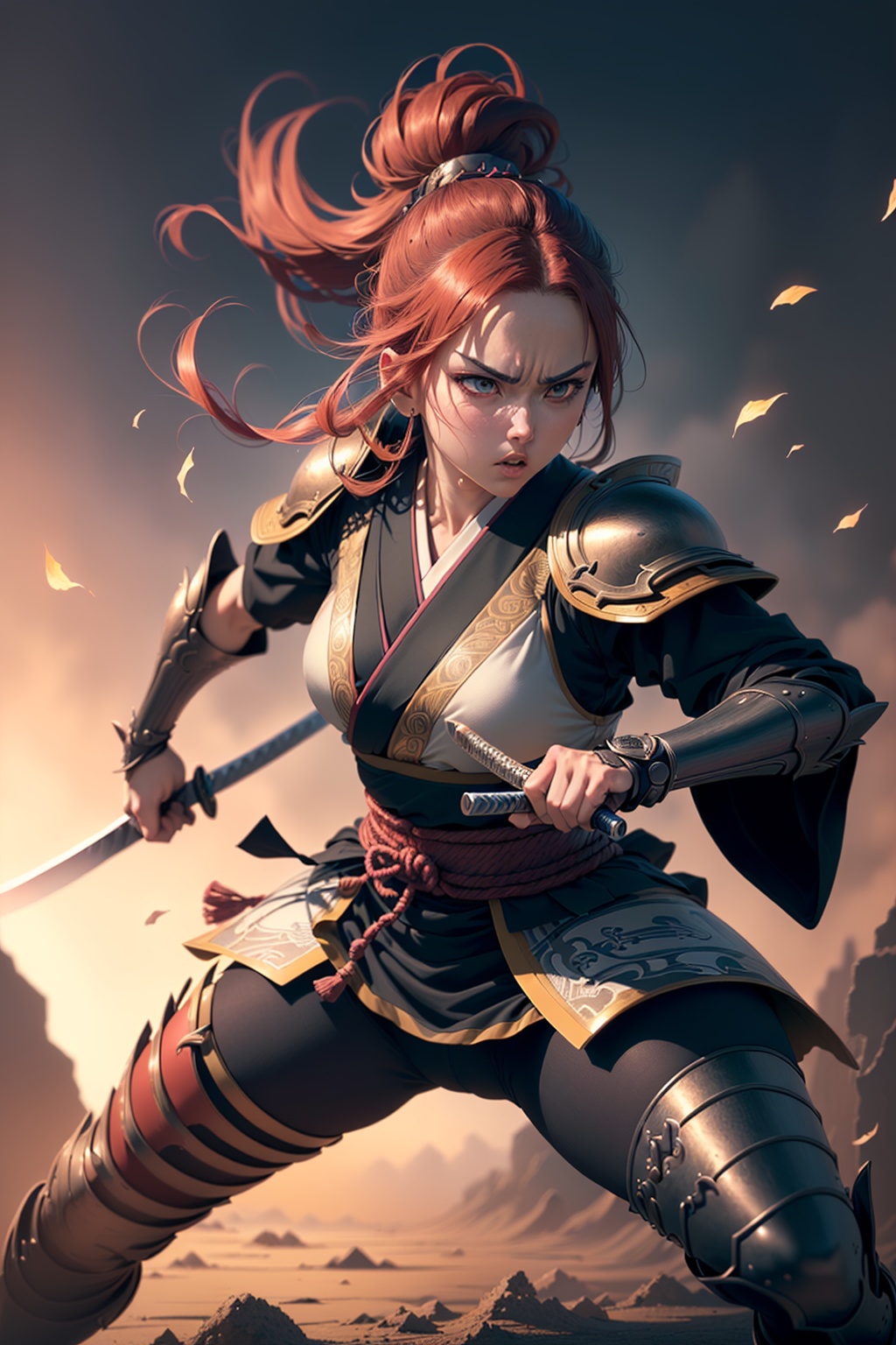 ((best quality)), ((masterpiece)), (detailed), fierce anime woman, wielding katana, battle-ready stance, intricate armor, flowing hair, (Japanese animation style:1.3), (Masashi Kishimoto:1.1), (Tite Kubo:1.1), intense gaze, dynamic background, vibrant colors, (action-packed composition:1.3), (8k resolution:1.2)