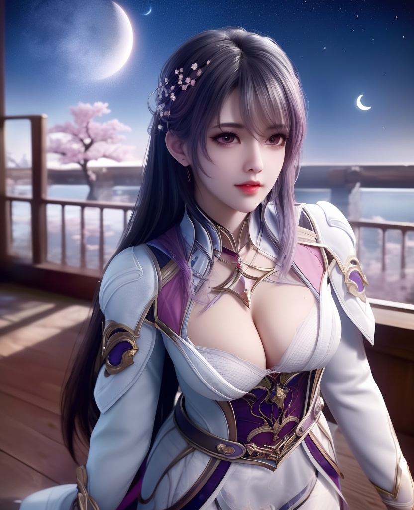 <lora:558-DA-斗罗大陆-王冬:0.8>(,1girl, ,best quality, ),looking at viewer,masterpiece,(( , )),, realistic,science fiction,mole,,ultra realistic 8k cg,     ,cherry blossoms,,night, night sky, crescent moon, moonlight,,(facing viewer, looking at viewer, , ),  (cleavage), (),