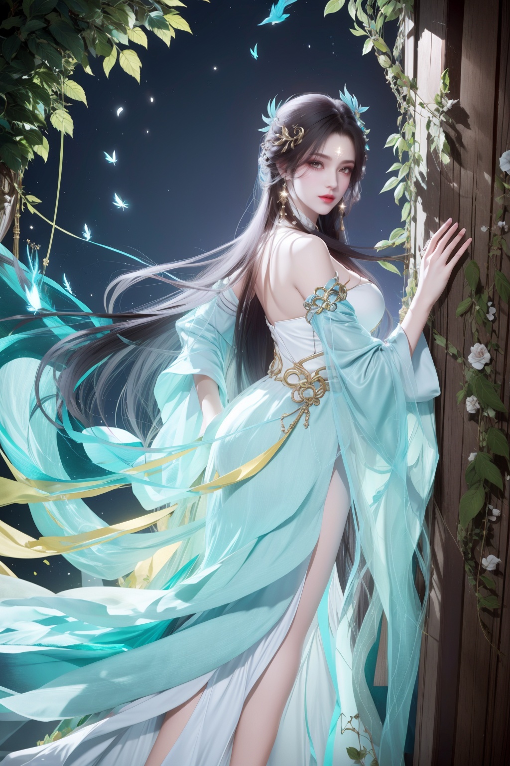 8k,RAW photo,best quality,masterpiece,hatching (texture),skin gloss,light persona,artbook,extremely detailed CG unity 8k wallpaper,official art,(high detailed skin),glossy skin,contrapposto,female focus,sexy,fine fabric emphasis,wall paper,leaning_on_object,leaning,1girl,dress,hair ornament,long hair,earrings,jewelry,looking back,back,solo,blue dress,solo,red_lips,makeup,very long hair,hanfu,fate/stay night,blue circle,petals,branch,snowing,snow,bird,mountain,sky,leaf,xxe-hd,<lora:0418萧薰儿12864:0.8>,ll-hd,<lora:1111白皙质感:0.5>,ty-hd,<lora:0110田野:0.6>,gf-hd,<lora:0418古风背景12864:0.1>,