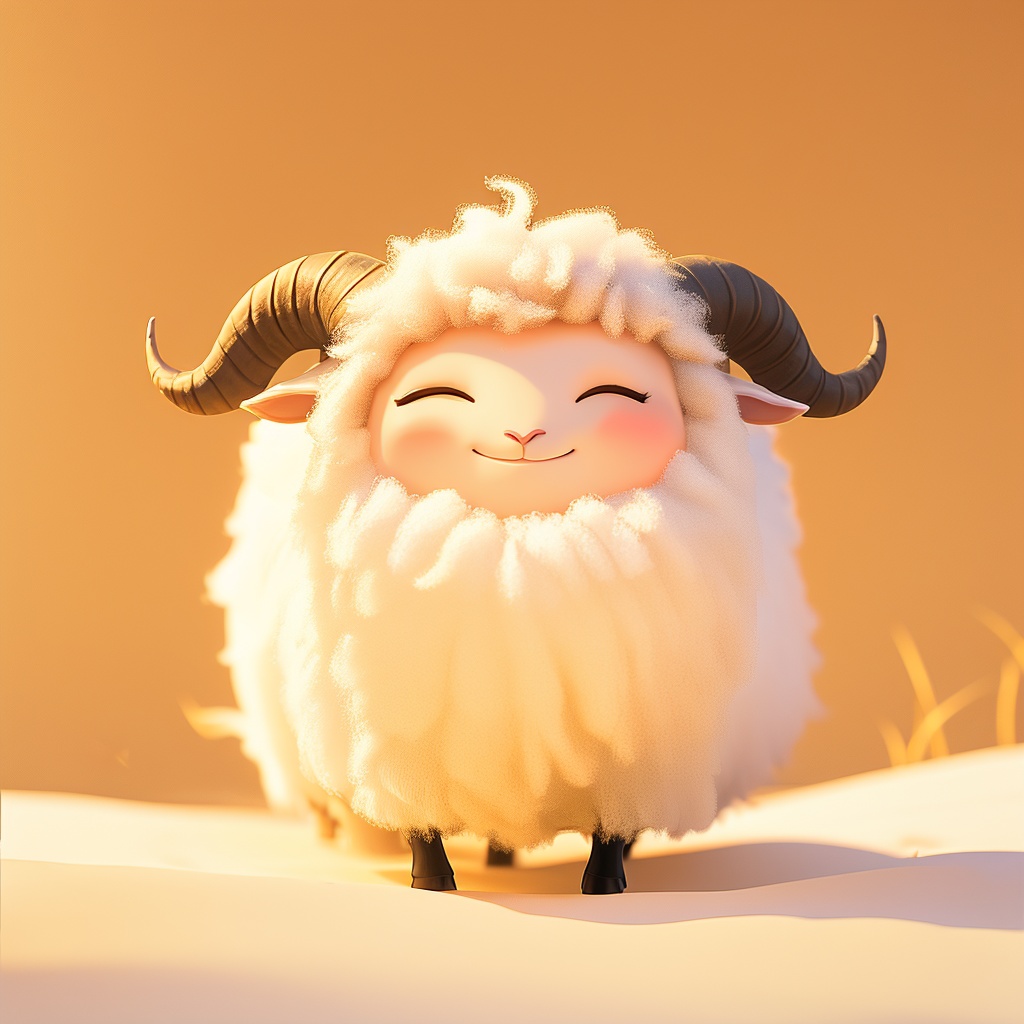 weiyang, sheep, fluffy, cute, mf-movie-filter, warm colors, white fur, whimsy and dramatic lighting, cc-color-correction, ^ ^, soft lighting, sheep horns, :3, sheep focus, sheep ears, no humans, closed eyes, solo, smile, horns, simple background, closed mouth, standing, facing viewer, orange theme, full body, brown background, outdoors, orange background,<lora:weiyang_v1:0.8>,
