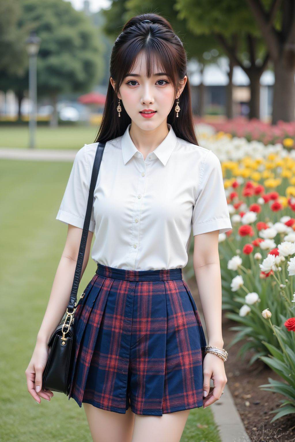The image is a high-resolution photograph the subject is a young cute girl with fair skin, straight black hair styled in a high ponytail framing her face. She has a slender physique and is wearing a traditional clothes, short-sleeved blouse with a collar and a blue pleated skirt with a red plaid pattern. Her skirt is short, reaching just above her knees, and she carries a black leather handbag on her left shoulder.The woman's expression is neutral, with a slight smile, and she is looking directly at the camera. Her makeup is subtle, featuring light eyeshadow, mascara, and pink lipstick. She has a delicate bracelet on her right wrist.The background is on the grass in the park, with a lot of colorful flowers blooming next to it. <lora:20251105A_AgainGirlF1Lora10:1>