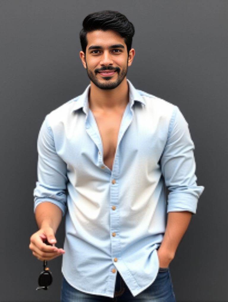 Harman Singha ,  stands confidently in front of a dark gray wall. He wears a light denim shirt. unbuttoned at the top. rev...