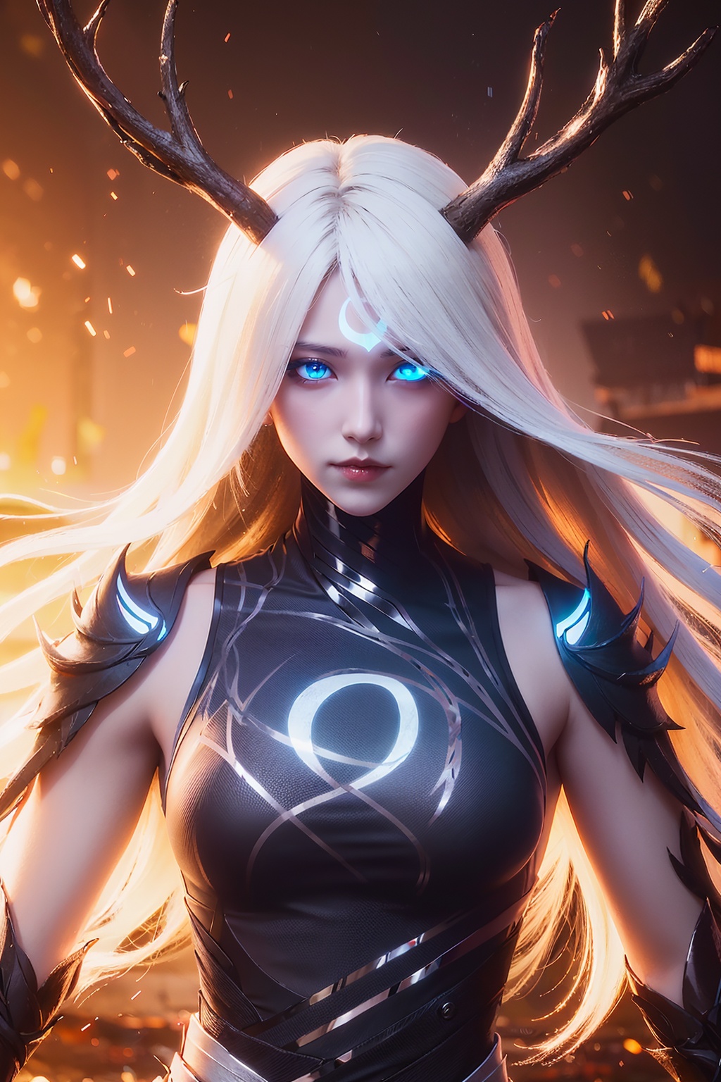 cangyuan,nianyun,battle dress,1girl,solo,<lora:nianyun_v1:0.6>,front view,blue eyes,horns,antlers,glowing eyes,upper body,