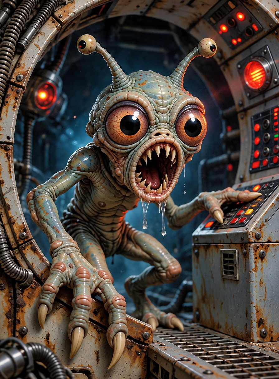 A tiny bug-eyed alien scavenger hiding in a rusted spaceship maintenance tunnel,  rubbery skin,  thin limbs on Tensor.Art