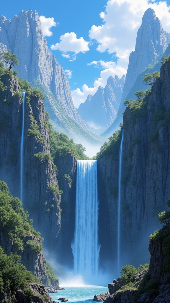 painting of a waterfall in a mountain with a blue sky,David A Hardy,gilbert williams,Christophe Vacher,jim warren and rob gonsalves,david hardy,rob gonsalves and tim white,fantasy landscape painting,alen kopera,john stephens,fantasy art landscape,thomas kinkade and paul lehr,detailed matte fantasy painting,( ( barclay shaw ) ),fantasy matte painting,cute,bekskinski,dan seagrave art,( ( thomas kinkade ) ),tomasz alen kopera,8 0's style tomasz alen kopera,award-winning fantasy art,David A. Hardy,dan seagrave,dan mumford and albert bierstadt,epic dreamlike fantasy landscape,( thomas kincade ),mystical fantasy landscape,symmetrical fantasy landscape,fantasy scenic,detailed dreamscape,matte fantasy painting,impressive fantasy landscape,award winning fantasy art,