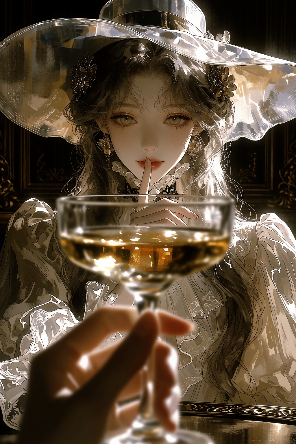 foreground framing through one raised champagne glass,  medium shot,  a young woman with very long hair on Tensor.Art