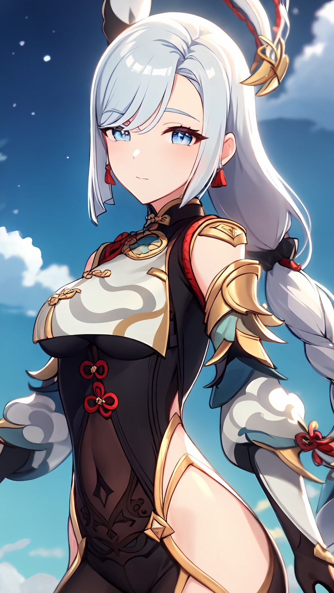 masterpiece,high quality,best quality,hires,(upper_body:1.4),small town,maple trees,sharp focus,shenhe,1girl,shenhe (genshin impact),solo,long hair,hair over right eye,breasts,bodysuit,braid,breast curtain,covered navel,hair ornament,breast curtain,grey hair,gloves,hip vent,looking at viewer,blue gray gradient eyes,bangs,braided ponytail,<lora:shenhe:0.8>,breathing on hands,blush,perfect face,very beautiful eyes,stars in the eyes,eyelashes,standing,looking at viewer,