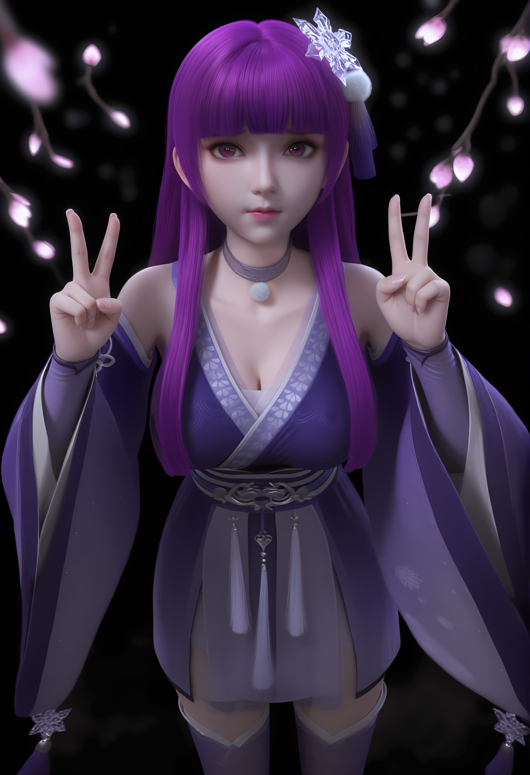 (score_9),vivid colours,Expressiveh,ambient occlusion,((Subsurface Scattering)),light blush,<lora:叶紫云-Apony:0.8>,yeziyun,1girl,solo,long hair,purple hair,blunt bangs,hair ornament,choker,snowflake hair ornament,hanfu,detached sleeves,belt,wide sleeves,sash tassel,sleeve tassel,thighhighs,skirt,looking at viewer,front view,<lora:perfect-eyes:0.8>,long eyelashes,purple eyes,collarbone,puffy breasts,pointy_breasts,large breasts,see-through cleavage,<lora:a修手:0.3>,standing,double v,<lora:SkinRealityOrg_ponyv6_loraplus:0.25>,real skin,OverallDetail,fair_skin,(white_skin),(Ivory_skin),branch,twig,falling petals,stone,simple background,black background,rim light,Volumetric Lighting,Tyndall effect,depth of field,bokeh,<lora:e色温:0.5>,<lora:Expressive_H:0.8>,<lora:e肤色滑块:0.5>,