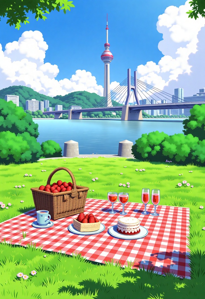 RMCJ,A picnic blanket on a lush green lawn,scattered with strawberry cake and bubbly drinks,set against the backdrop of the Seoul Tower and Han River Bridge,high saturation colors + simple lines.,