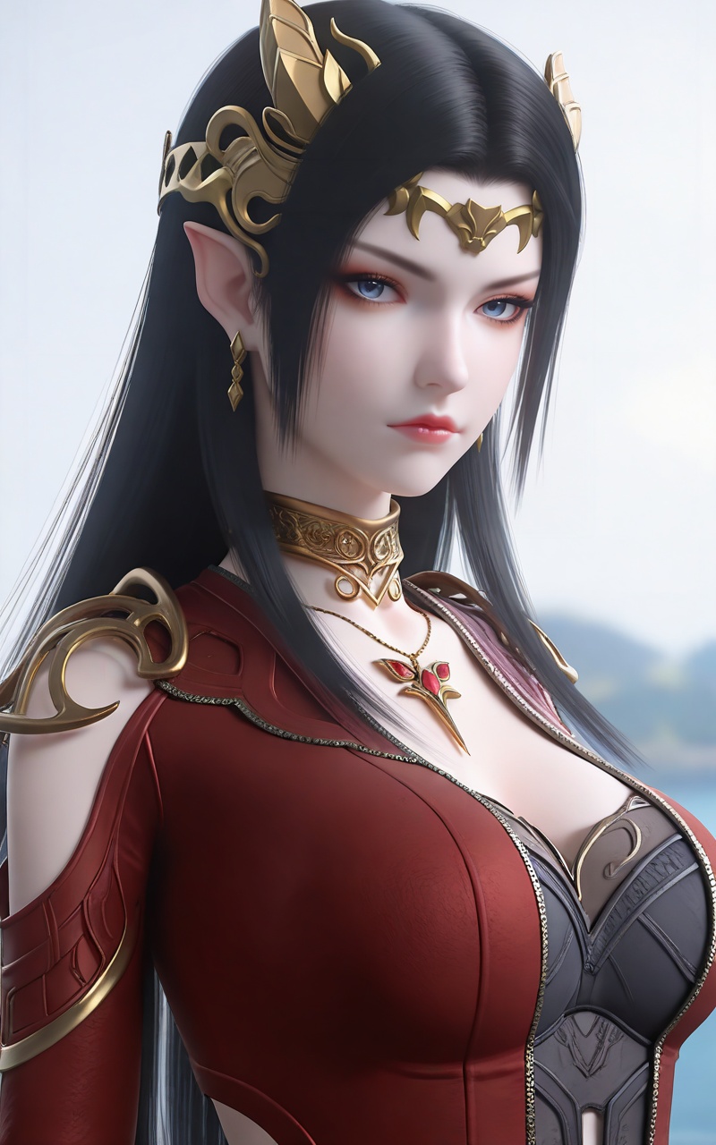 masterpiece,best quality,amazing quality,4k,very aesthetic,high resolution,ultra-detailed,absurdres,newest,scenery,3d,<lora:美杜莎ILL:0.7>,meidusha,1girl,jewelry,pointy ears,black hair,solo,upper body,earrings,hair ornament,long hair,necklace,dress,red dress,closed mouth,breasts,looking at viewer,metal collar,clothing cutout,red jacket,collar,expressionless,blue eyes,white_background,简单背景,