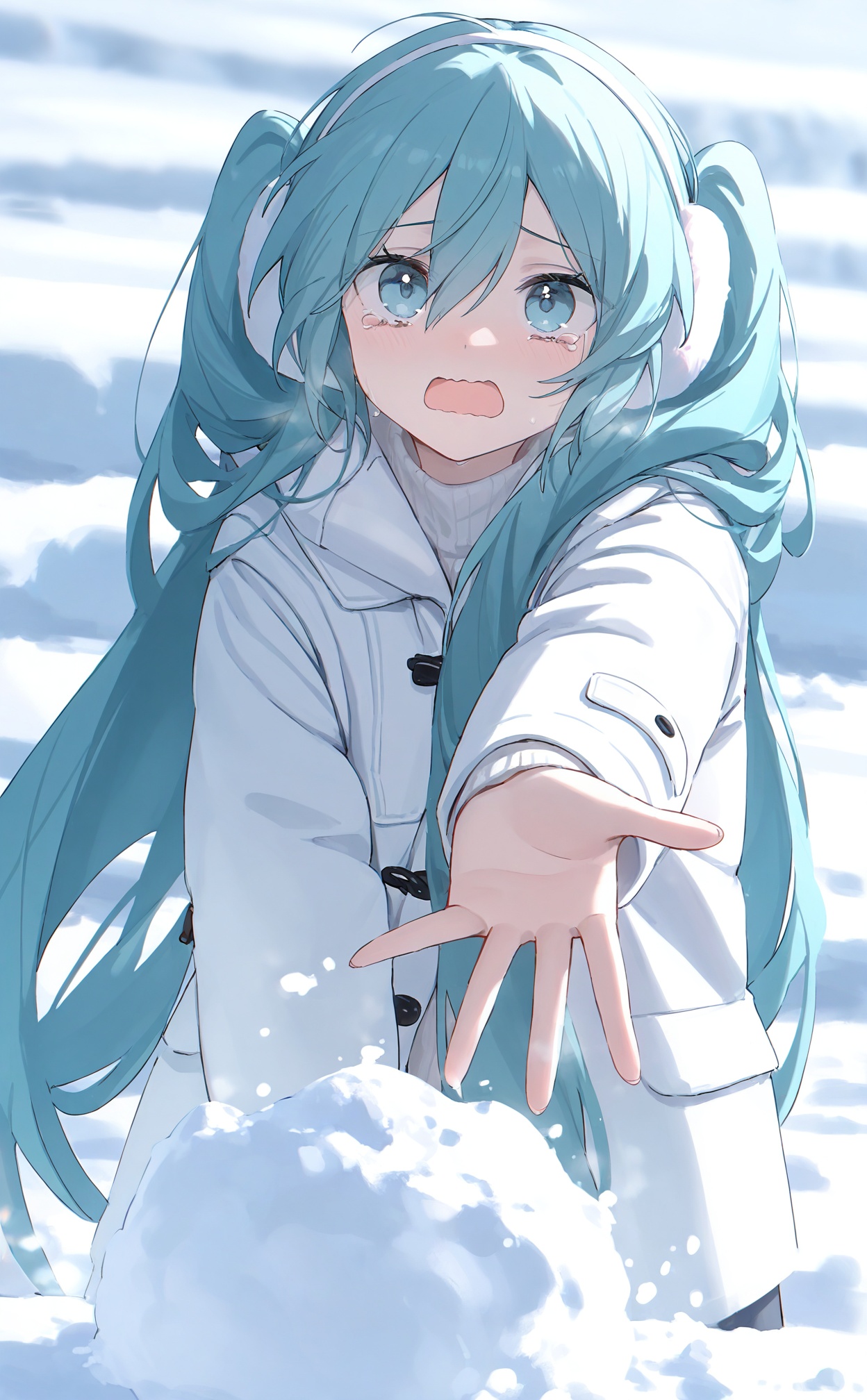 masterpiece,highres,absurdres,newest,best quality,high quality,loli,petite,chromatic_aberration,//,1girl,hatsune_miku,long_hair,earmuffs,solo,twintails,open_mouth,snow,tears,snowball,outdoors,very_long_hair,tearing_up,blue_eyes,reaching,aqua_eyes,winter,white_sweater,blue_hair,long_sleeves,wavy_mouth,sweater,upper_body,aqua_hair,day,crying,coat,jacket,looking_at_viewer,winter_clothes,outstretched_arm,crying_with_eyes_open,hair_between_eyes,white_jacket,white_coat,//,<lora:konya_karasue3——【noob】hans:0.7>,