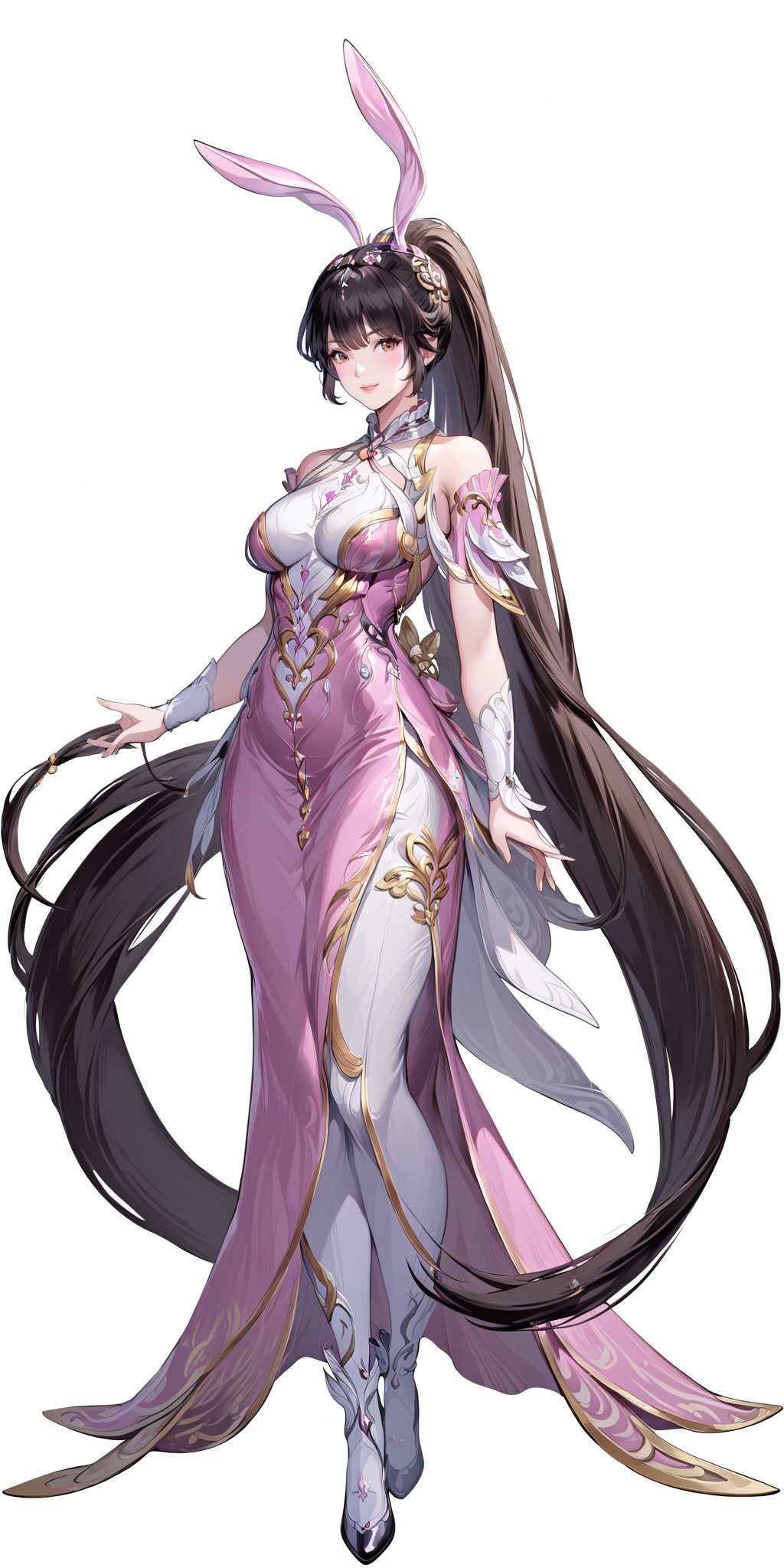 masterpiece,best quality,huge filesize,fantasy,illustration,anime,simple white background,1 woman,(mature_female:1.2),solo,animal ears,dress,rabbit ears,long hair,pink dress,very long hair,full body,brown hair,ponytail,hair ornament,black hair,simple background,collar,smile,<lora:XL小舞成年2.0:0.7>,