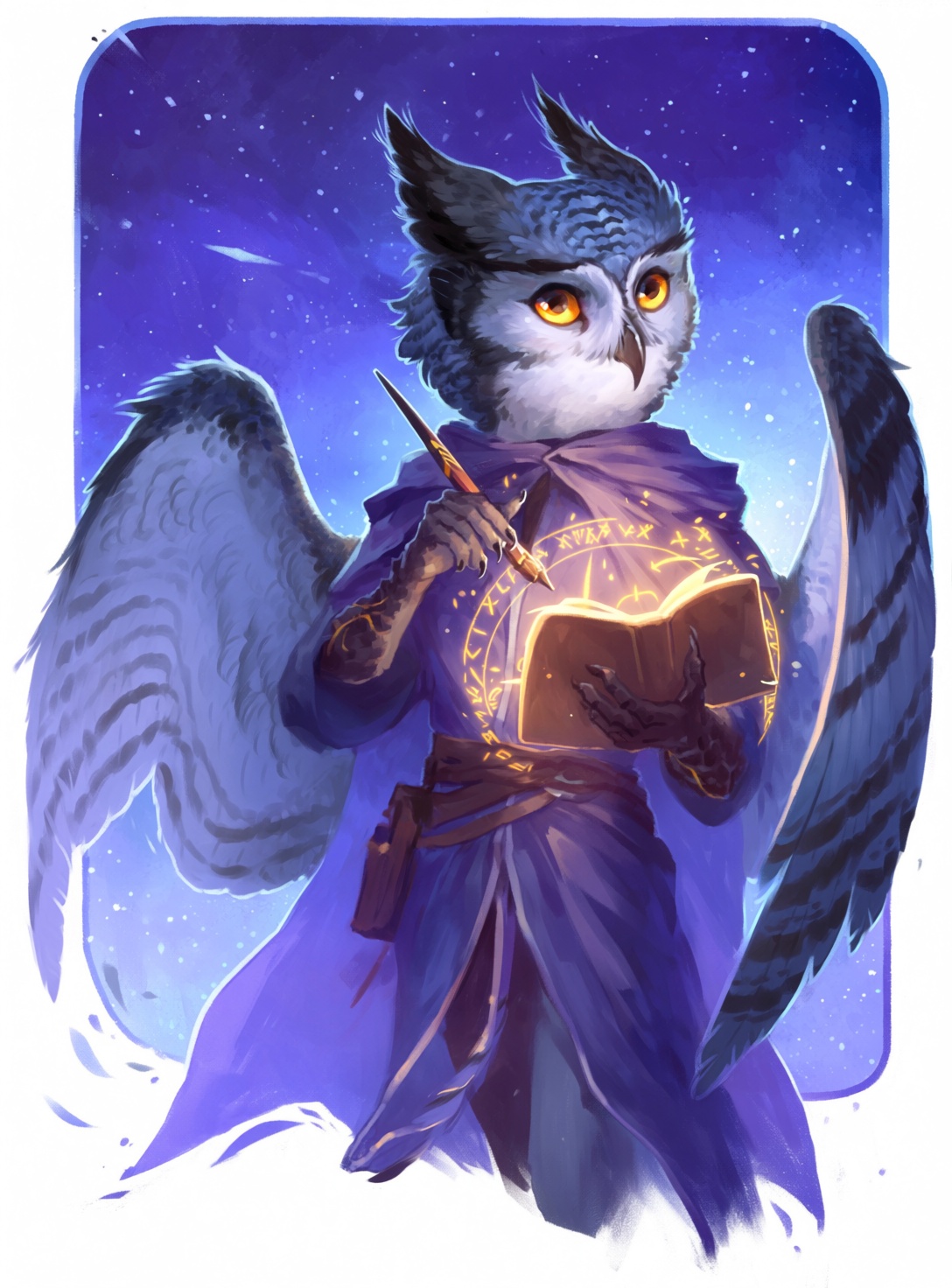 @himmis,  A detailed fantasy portrait of an anthropomorphic owl-dragon hybrid mage character,  black and grey multicolored...