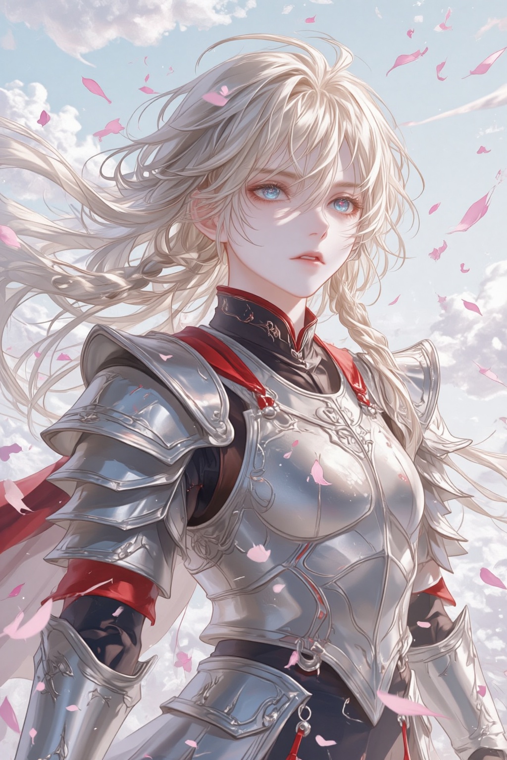 ZOZ_WEIMEIW,ZOZ_DMAM,a digital illustration,a digital illustration shoot from a portrait camera angle about a young woman with long,flowing blonde hair and blue eyes,dressed in silver armor,surrounded by pink petals falling in the air against a clear blue sky with fluffy white clouds,in the middle of the image,a 1woman,who appears to be in her early twenties,with a serious expression,is facing the viewer with her blue eyes looking directly at the viewer,she has a slender physique,fair skin,and long blonde hair styled in a braid,her hair falls down her back,and she is wearing silver armor with red accents,including shoulder armor and a red cape,the armor is detailed and shiny,with intricate designs on the shoulders and collar,the background is a soft,pastel sky with scattered pink flower petals,giving the image a dreamy,ethereal quality,